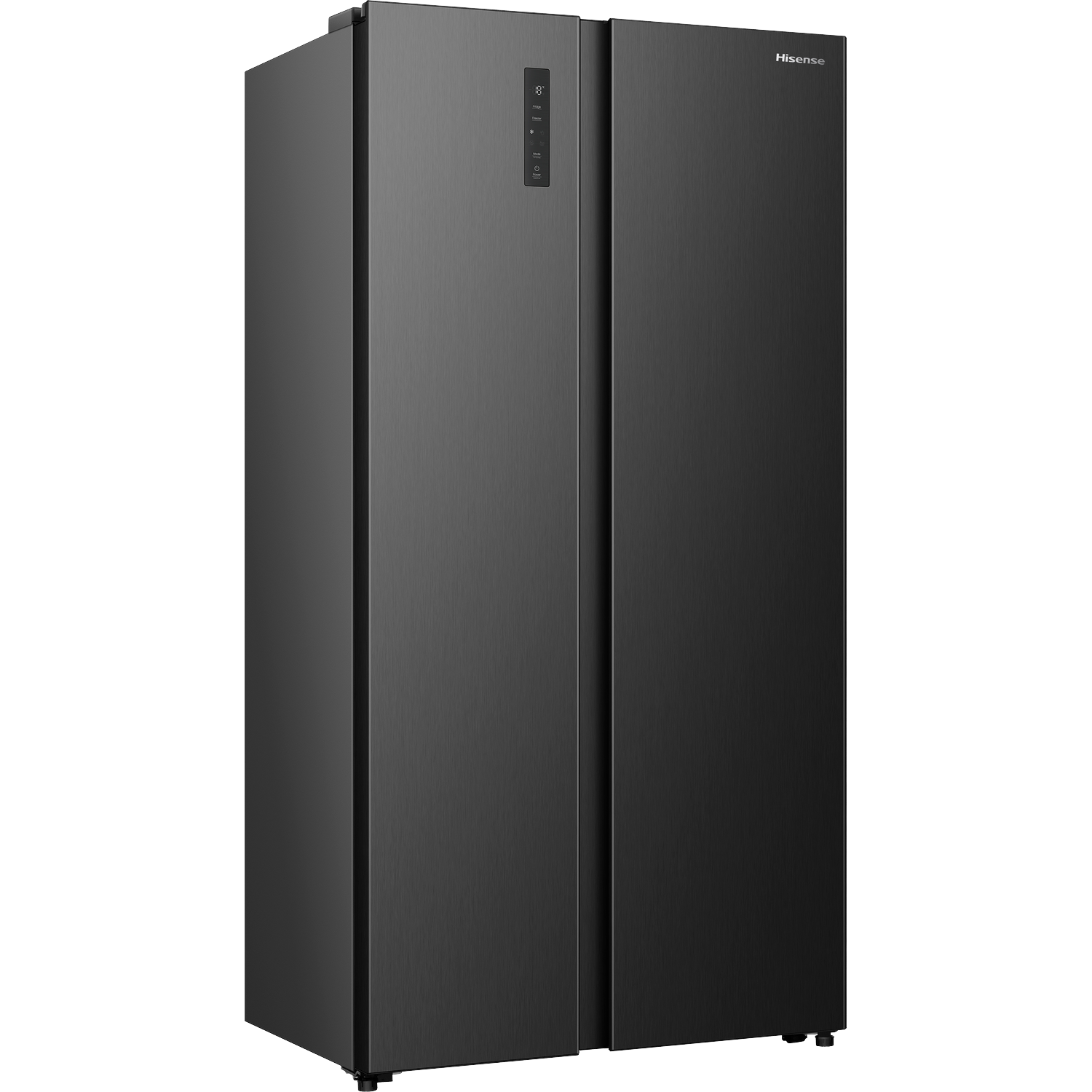 Een zwarte Hisense side-by-side koelkast met digitaal bedieningspaneel op de linker deur.