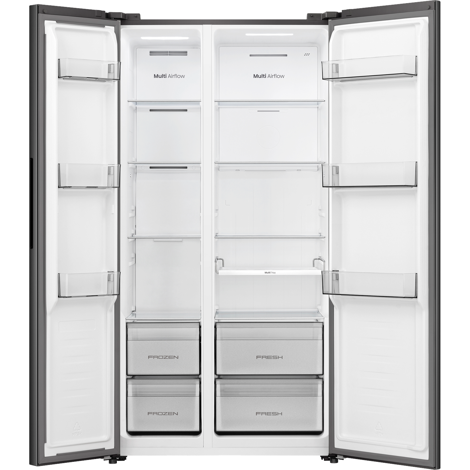 Een lege, open side-by-side koelkast met planken en lades, interieur zichtbaar.