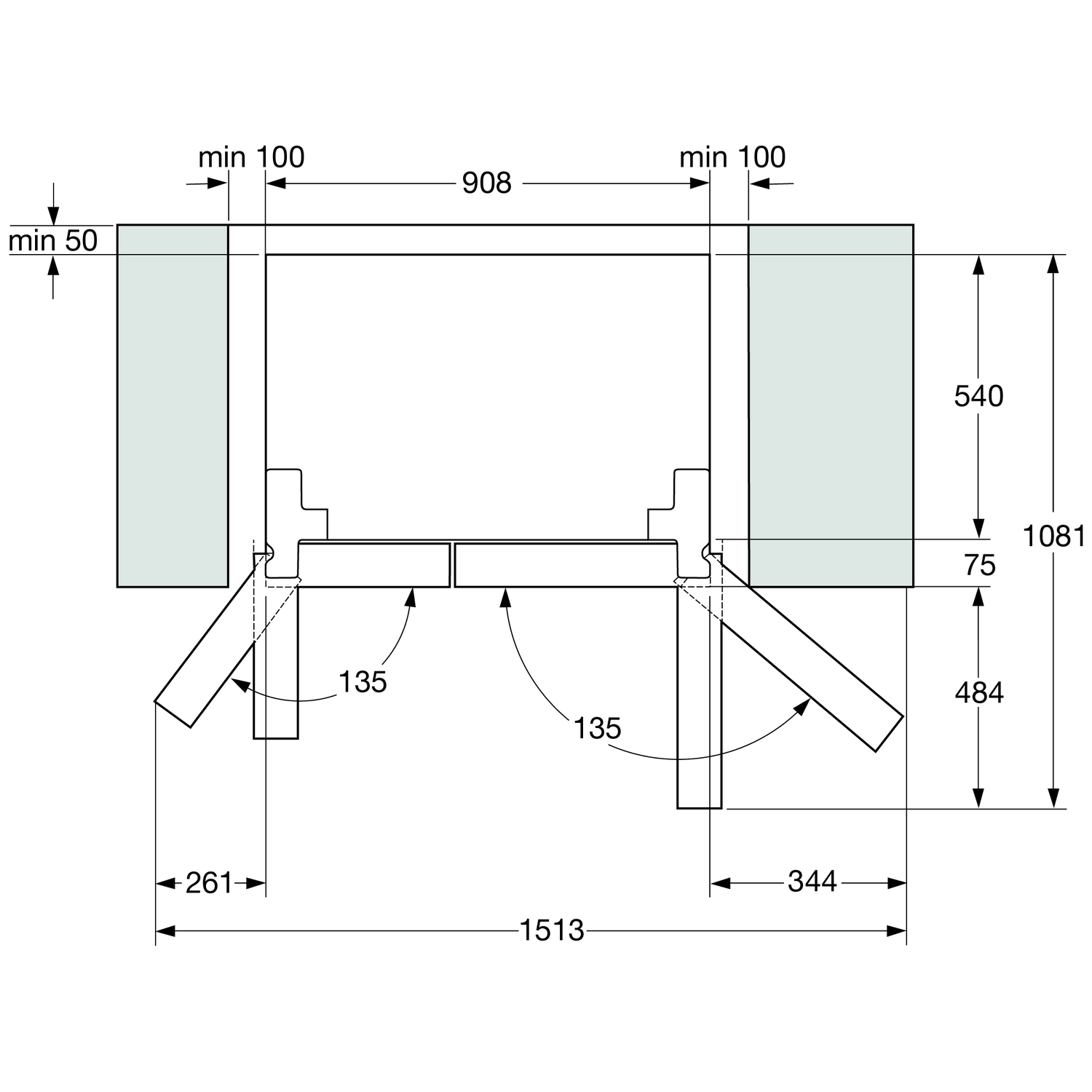 Technische tekening met inbouwmaten. Afmetingen in mm.