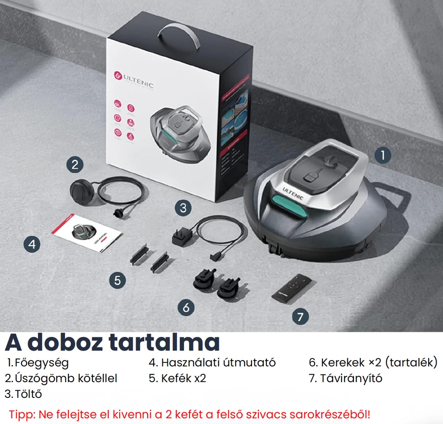 Fűnyíró robot szett főegységgel, töltőkábellel, kézikönyvvel és pótalkatrészekkel.