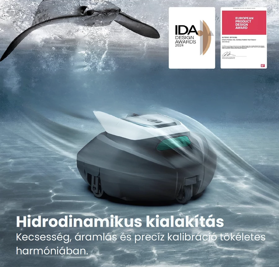Robo medence tisztító víz alatt, rája úszik felette. IDA díj.