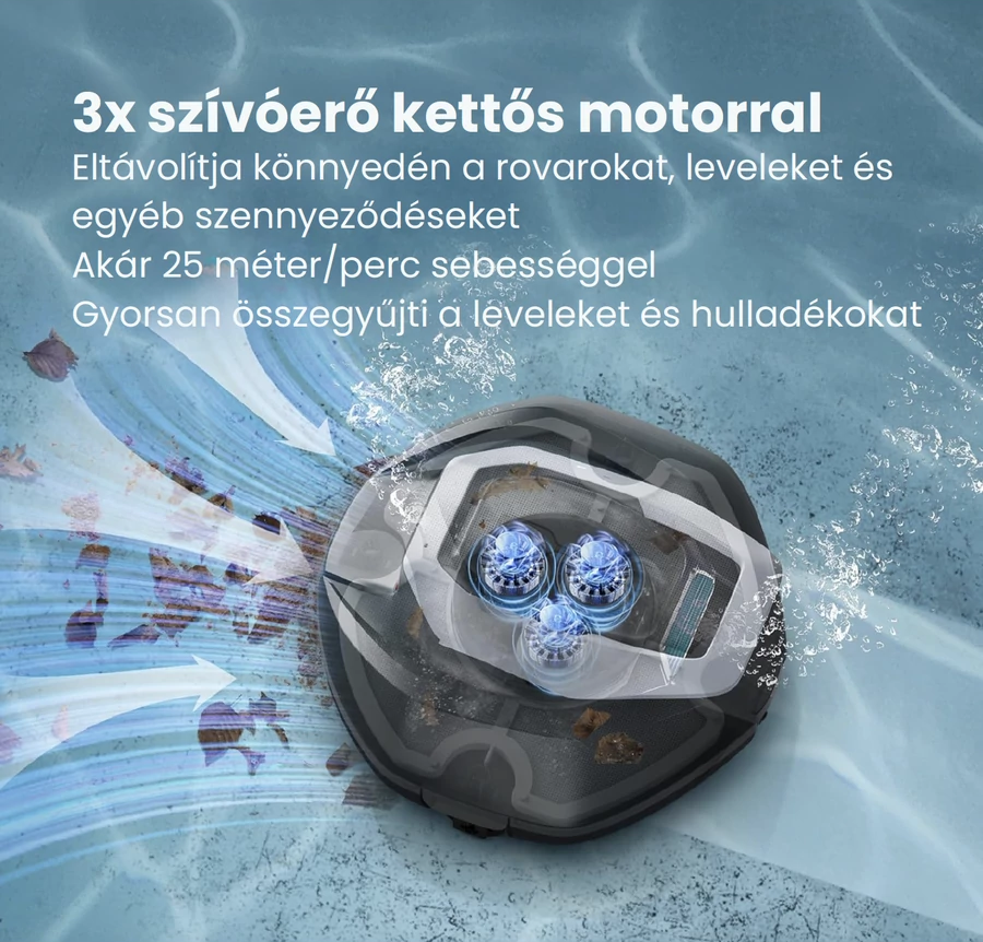 Kettős motoros medencetisztító szívja fel a leveleket és törmeléket.