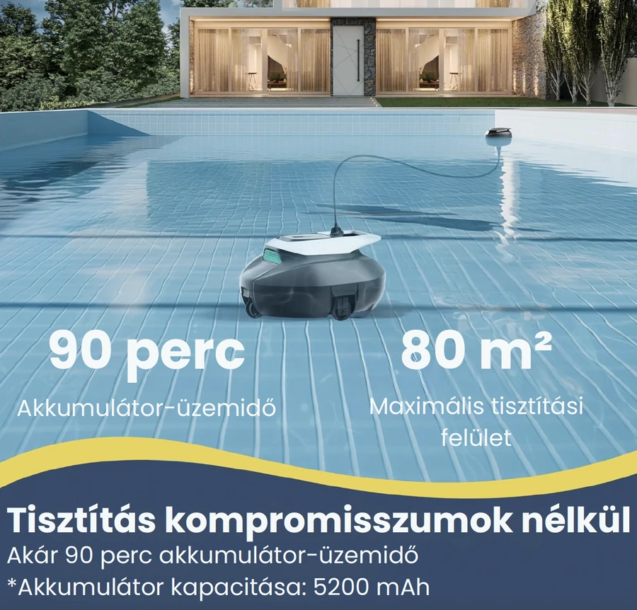 Medence tisztító robot 90 perc üzemidővel, 80 m² lefedettséggel.