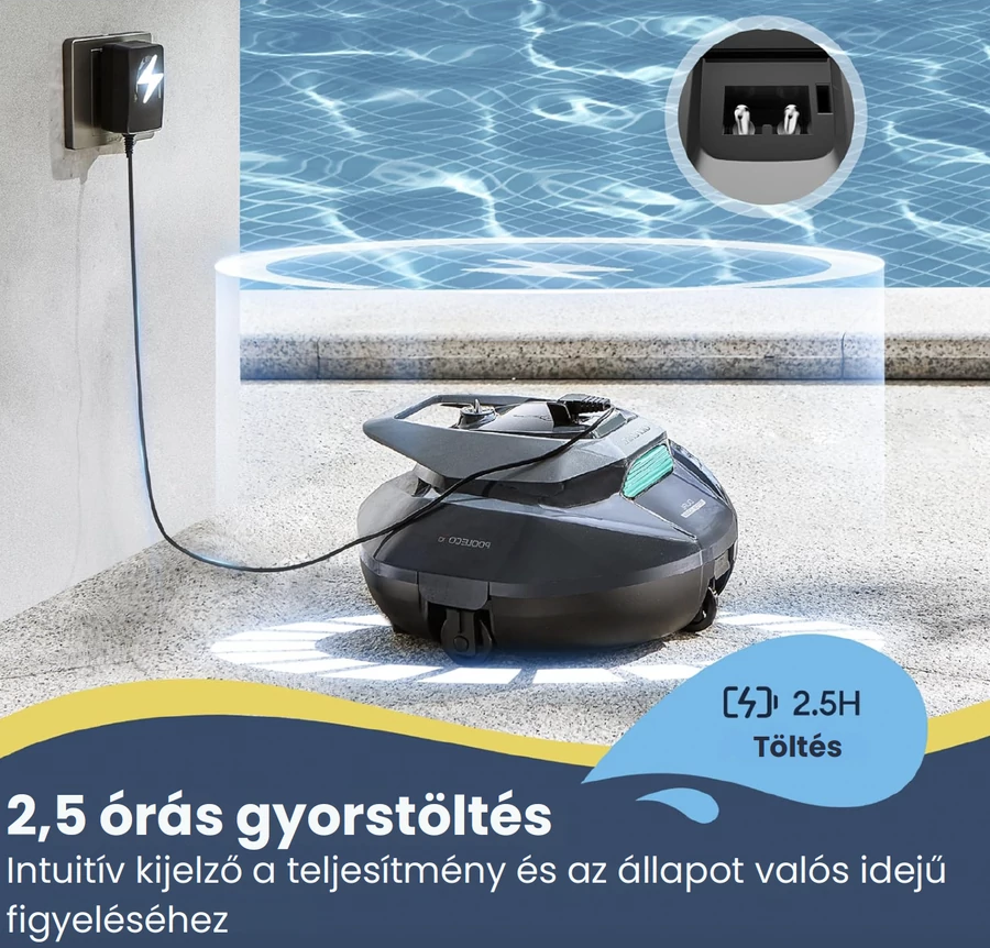 Egy medence-robot töltődik a medence mellett. Egy hálózati adapter a falba van dugva.