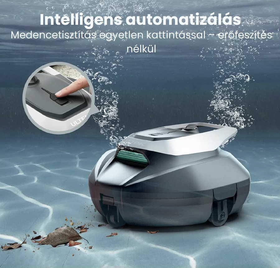 Egy medencetisztító robot a víz alatt, egy ujj egy gombot nyom.