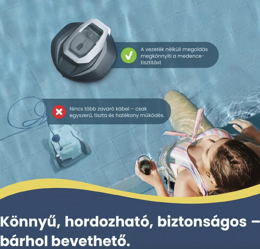 Vezeték nélküli medence tisztító és egy személy a medencében. A tisztító hordozható.
