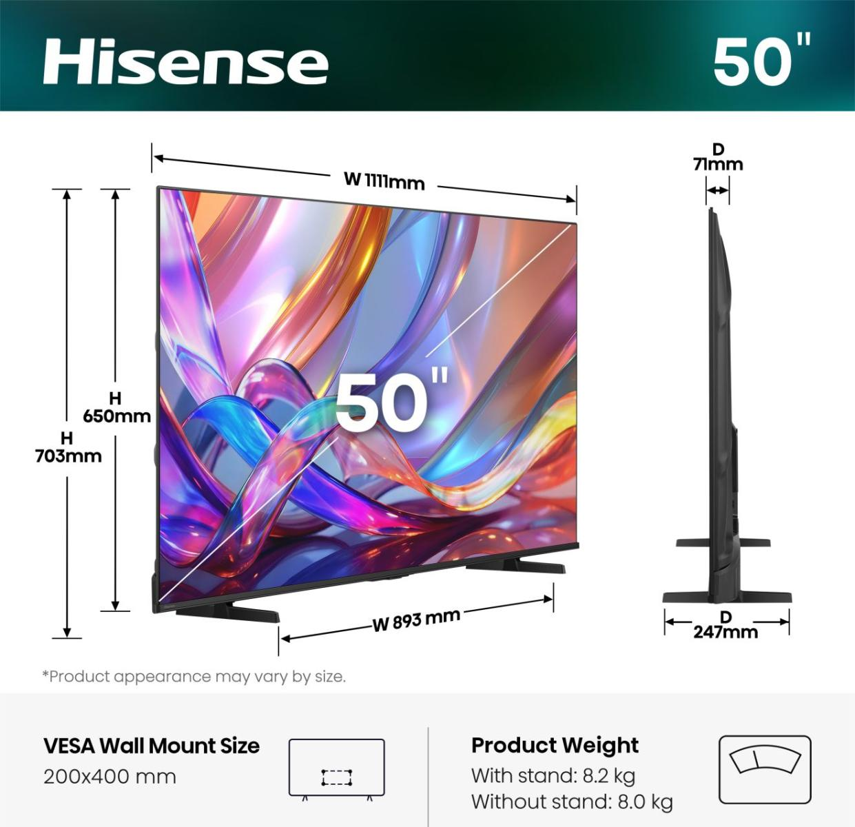 Telewizor Hisense 50 cali z wymiarami i wagą.