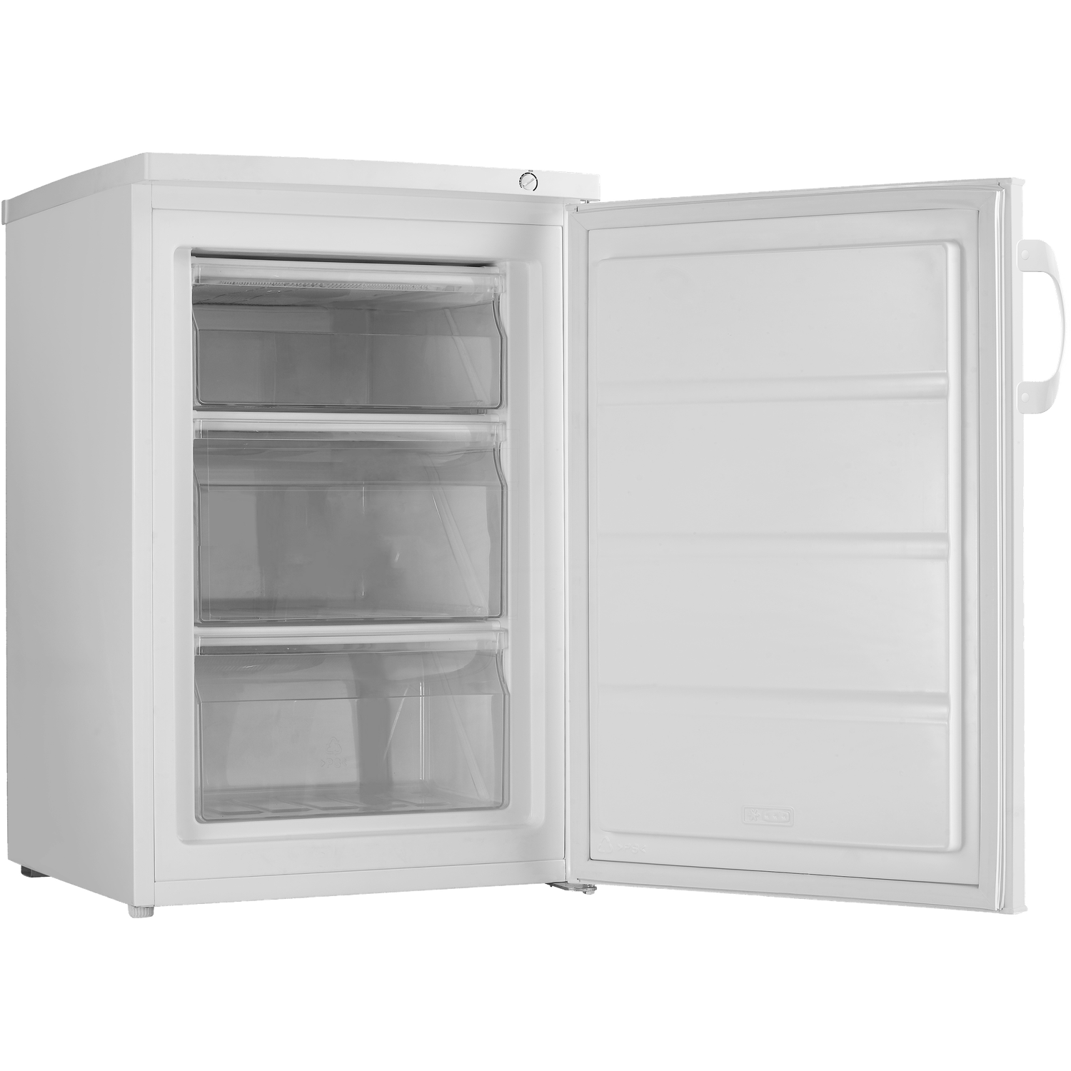 Een witte vriezer met de deur open, drie lades zichtbaar.
