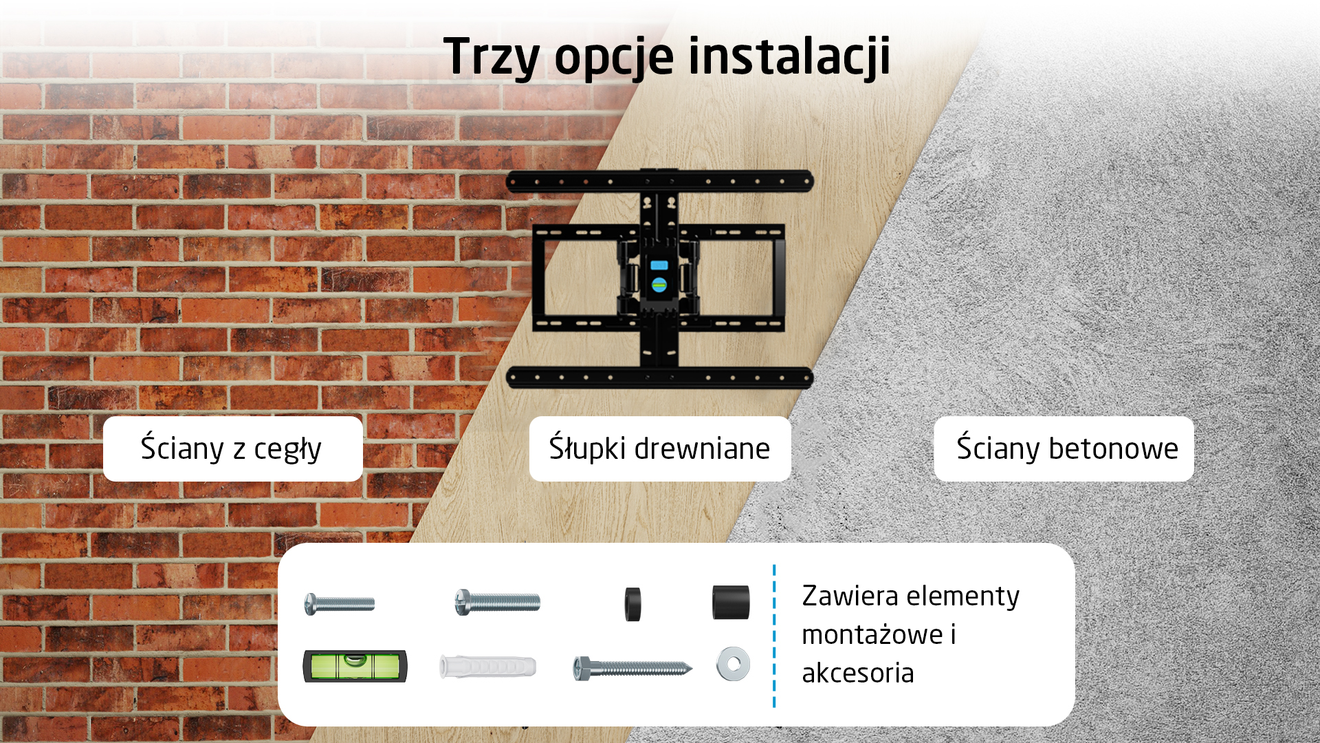 Uchwyt ścienny do telewizora z akcesoriami do montażu na ścianach z cegły, drewna i betonu.