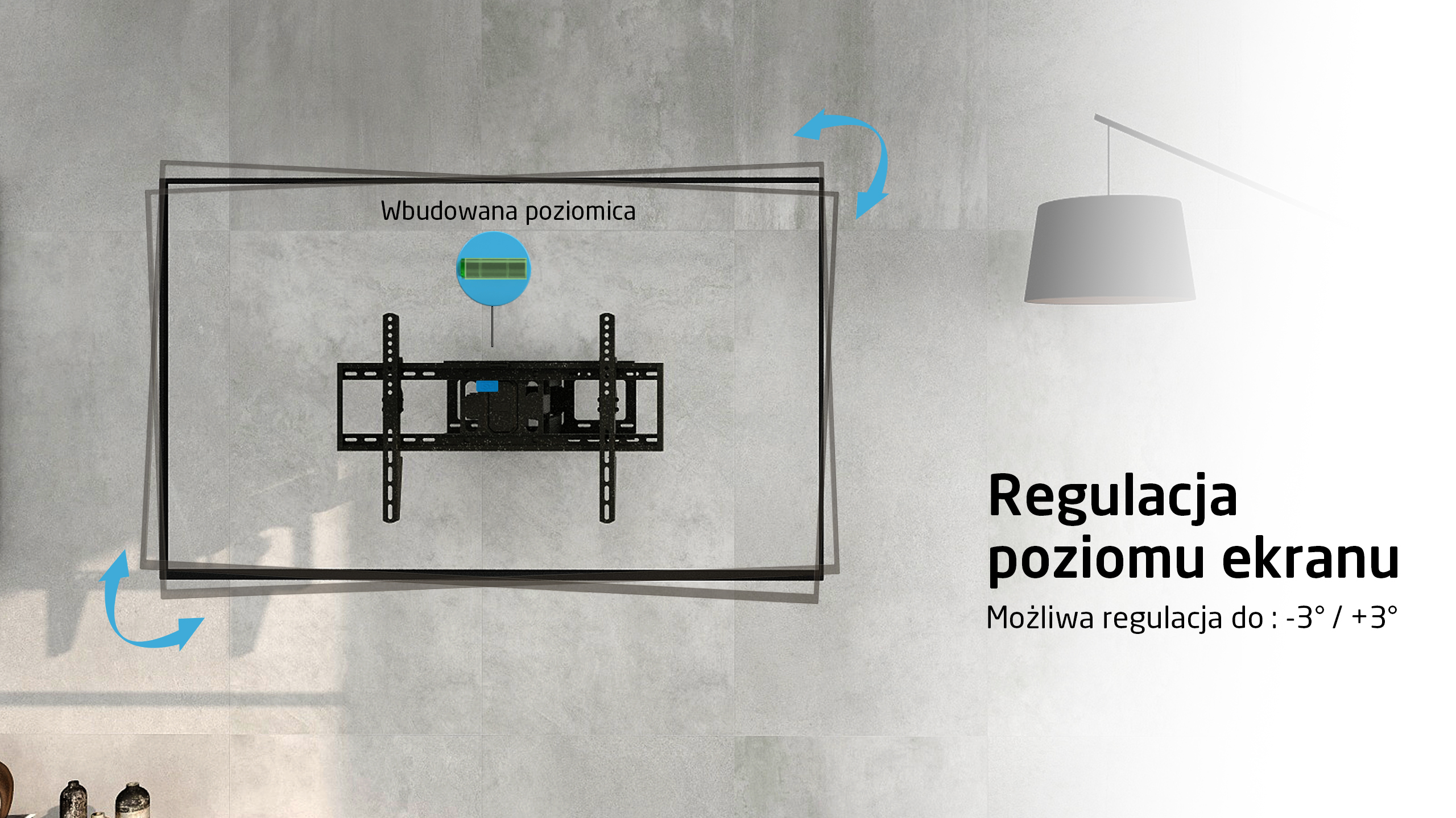 Uchwyt TV z wbudowaną poziomicą i strzałkami regulacji.