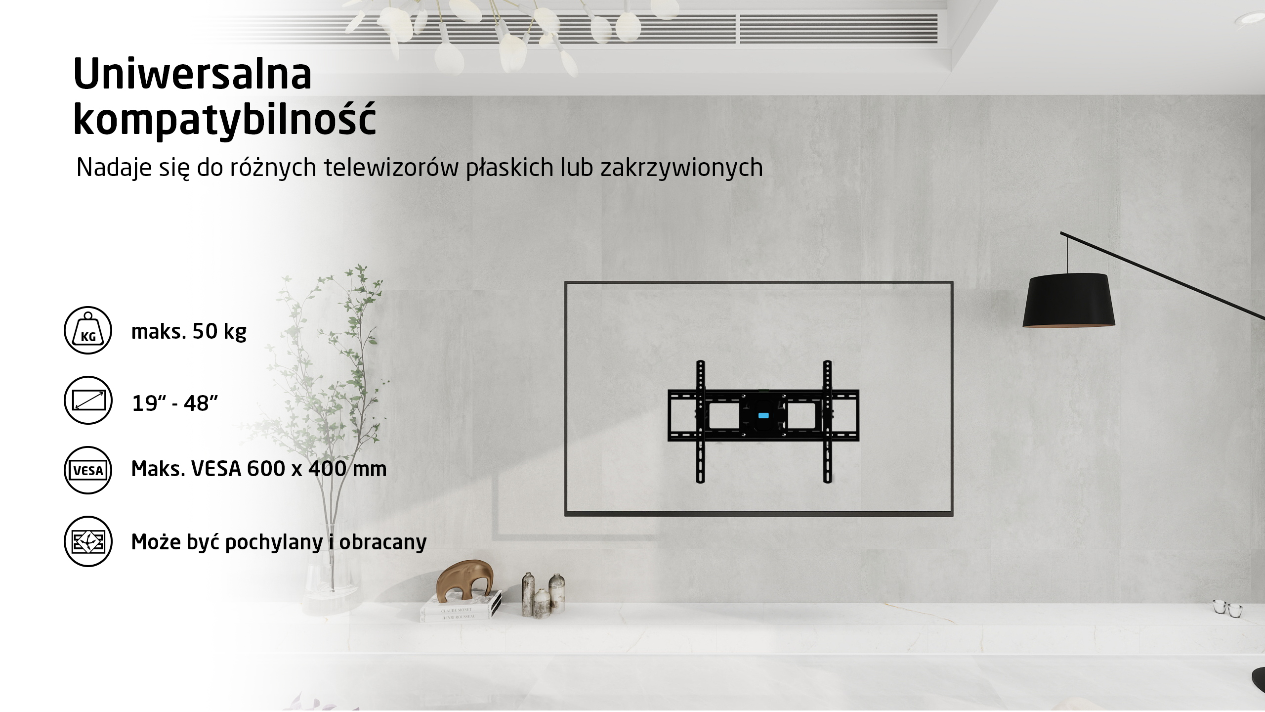 Czarny uchwyt ścienny do telewizora ze specyfikacją wagi, rozmiaru i mocowania VESA.
