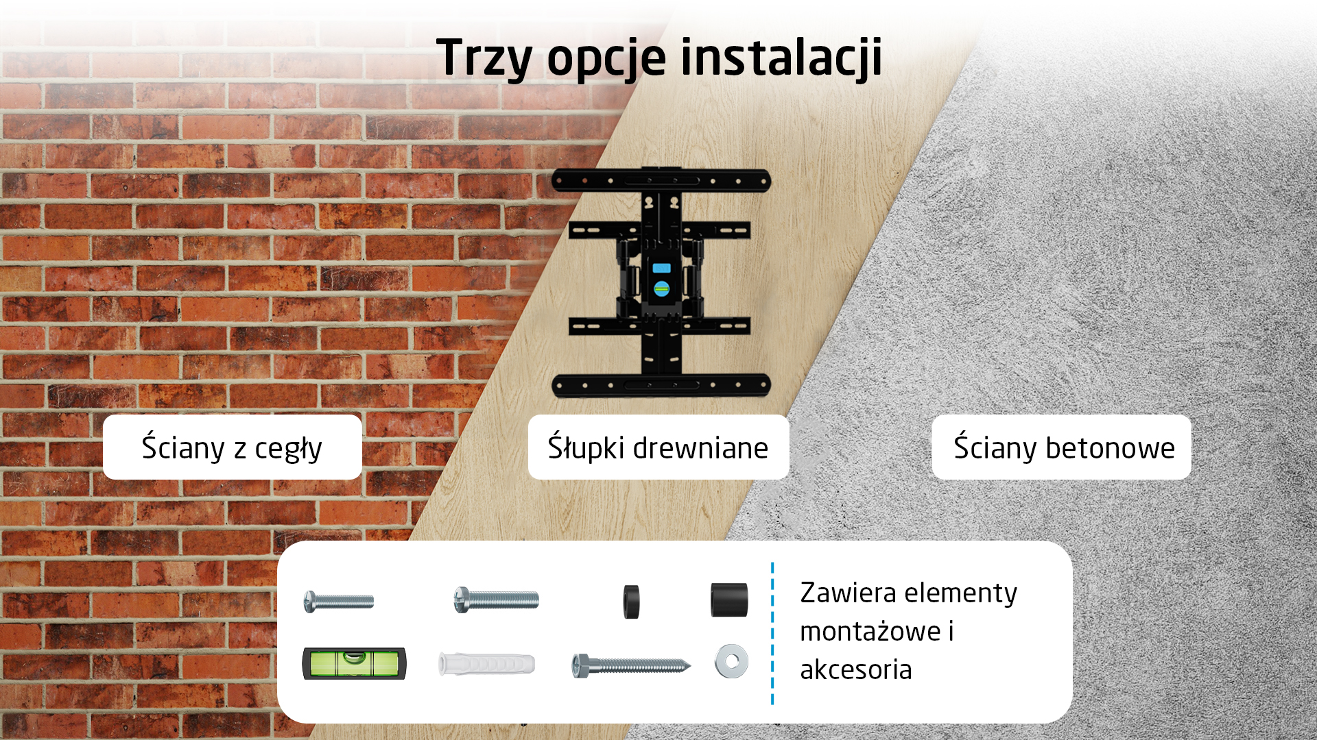 Obrazek pokazuje uchwyt TV, opcje montażu: cegła, drewno, beton.