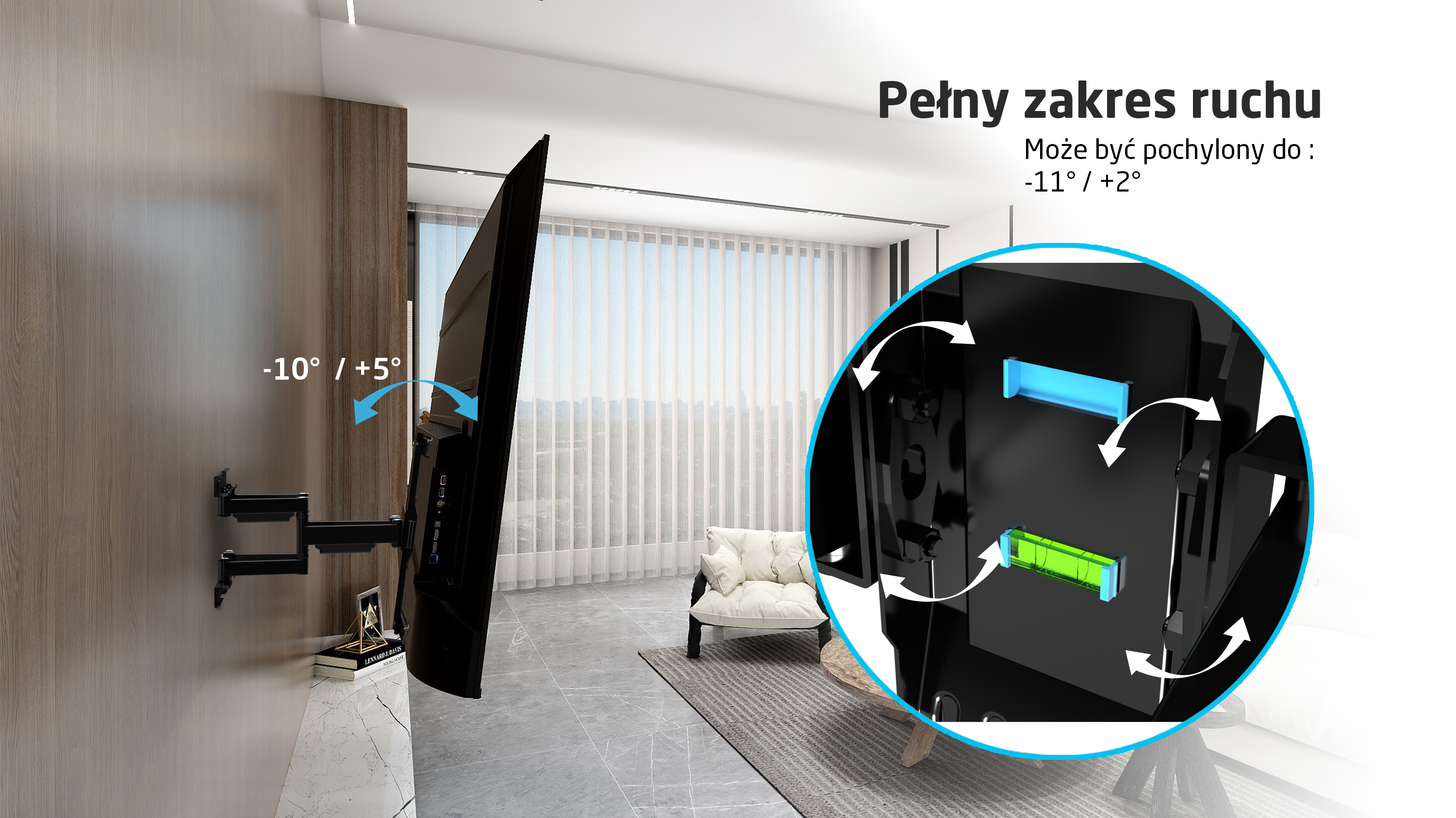 Czarny telewizor na obrotowym uchwycie ściennym, ze wskaźnikami kąta.