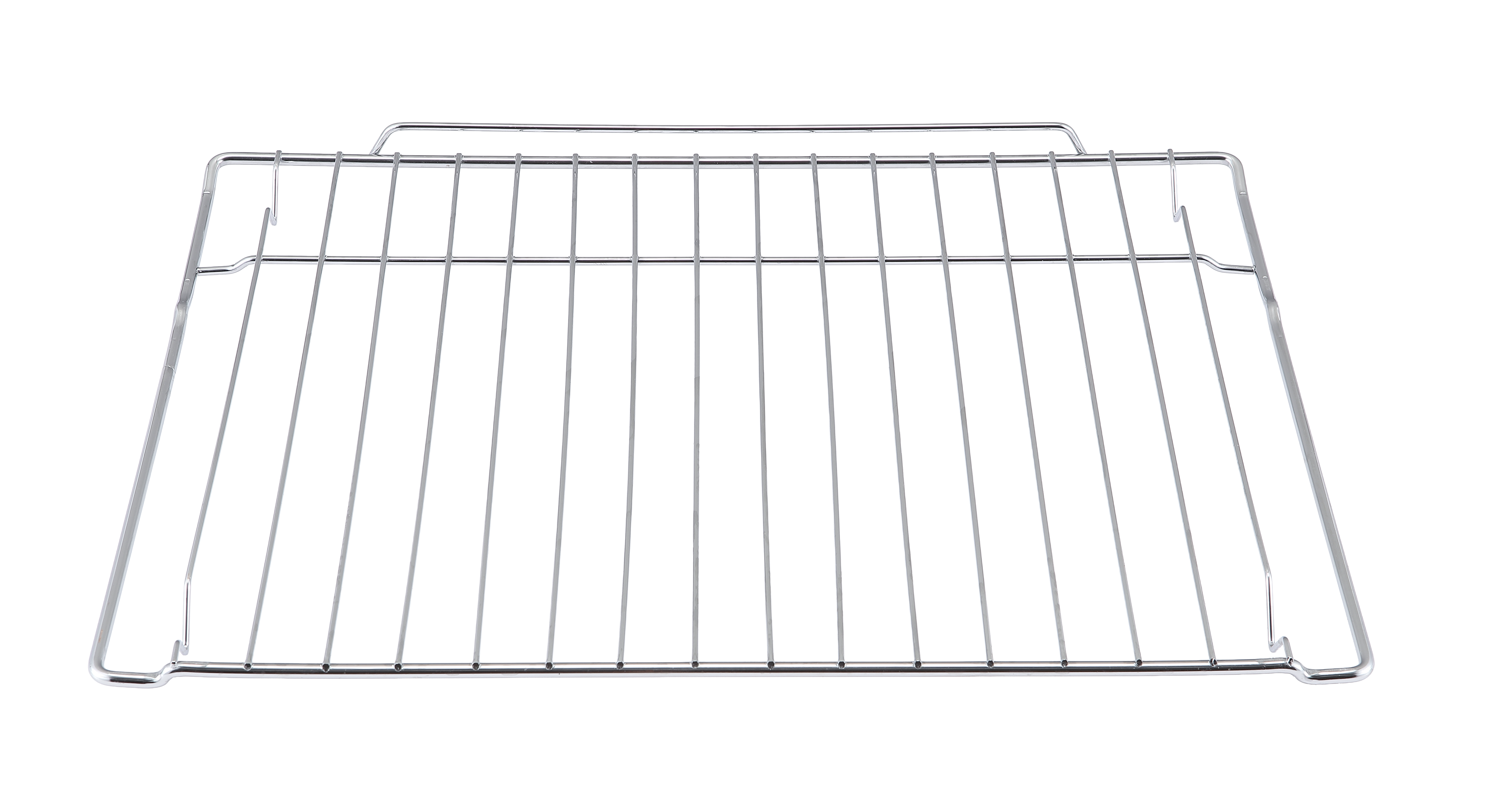 Ein glänzendes Metallgitter mit parallelen Stäben, isoliert vor weißem Hintergrund.
