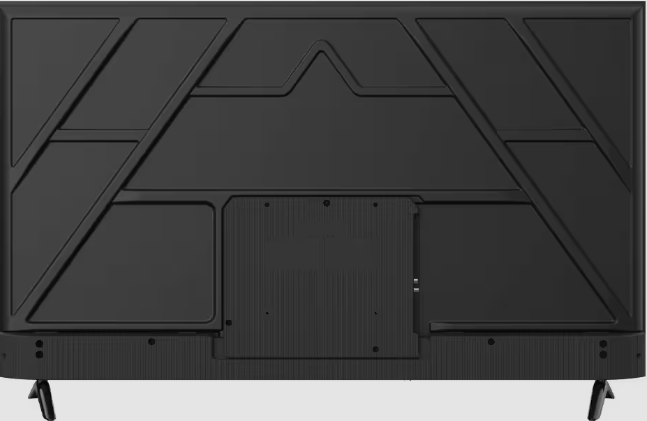 Rückseite eines schwarzen Fernsehers mit geometrischem Muster und Anschlüssen.