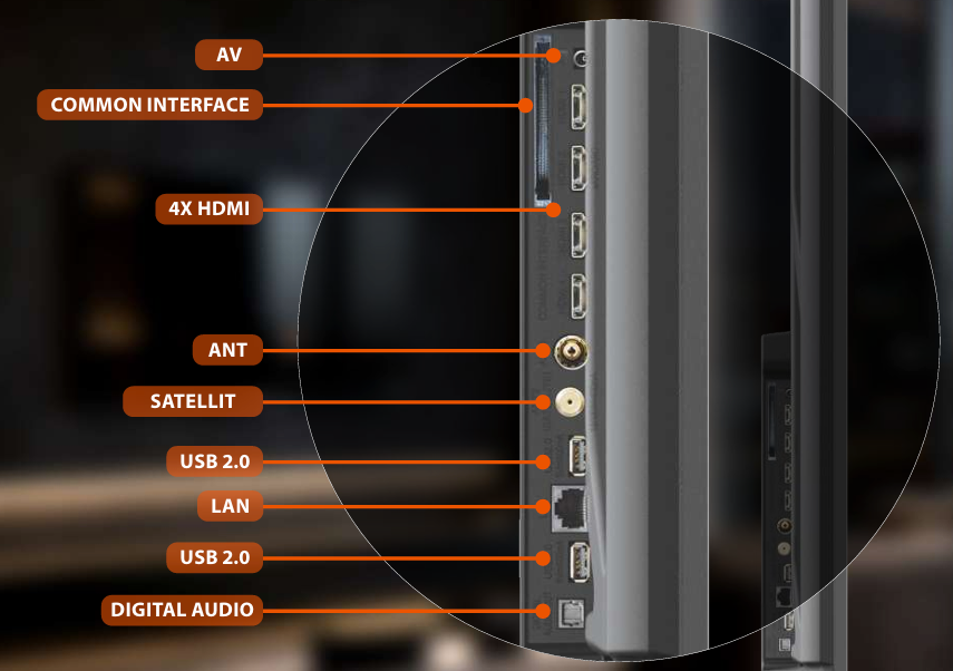 Anschlussseite eines Fernsehers mit AV, CI, 4x HDMI, Antenne, Satellit, 2x USB, LAN, Digital Audio.