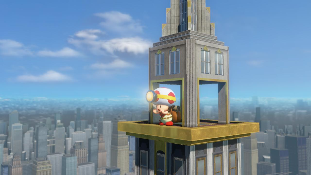 Toad z lornetką stoi na wieżowcu z widokiem na panoramę miasta.