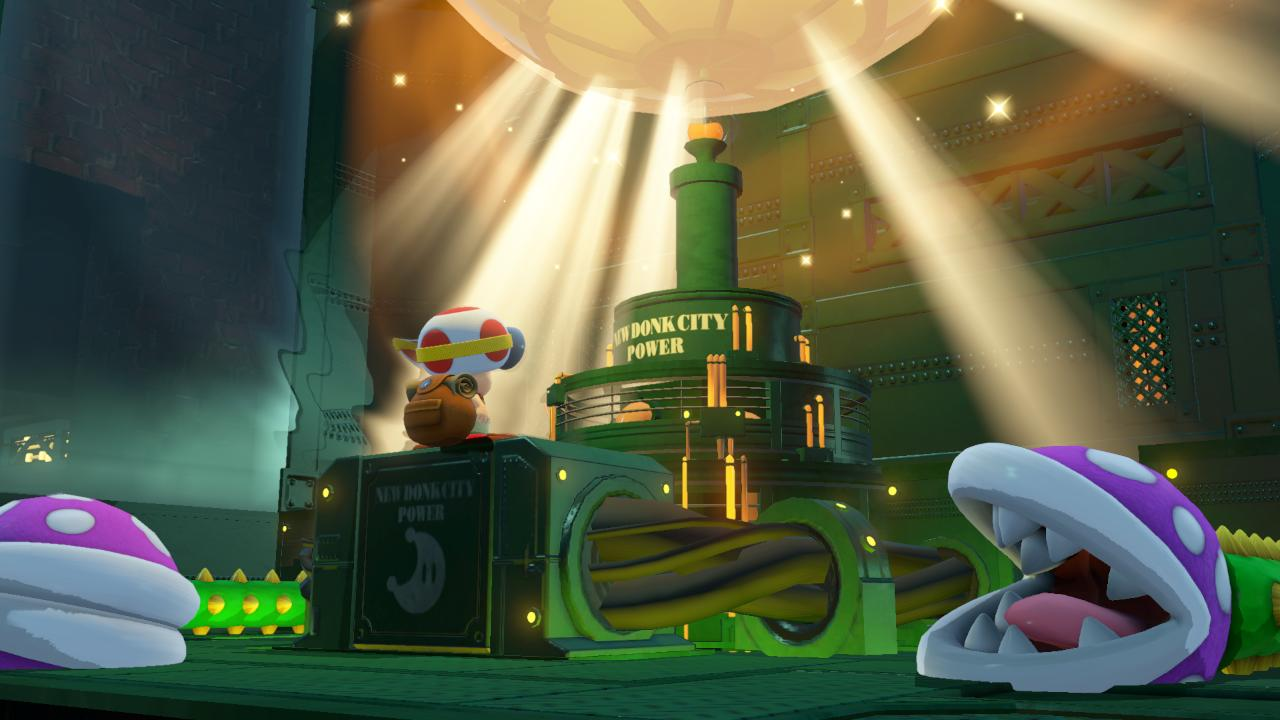 Toad z plecakiem stoi przed zieloną elektrownią z promieniami światła.