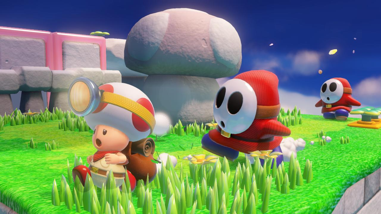 Toad i Shy Guys na zielonej trawie, z grzybami i niebieskim niebem.