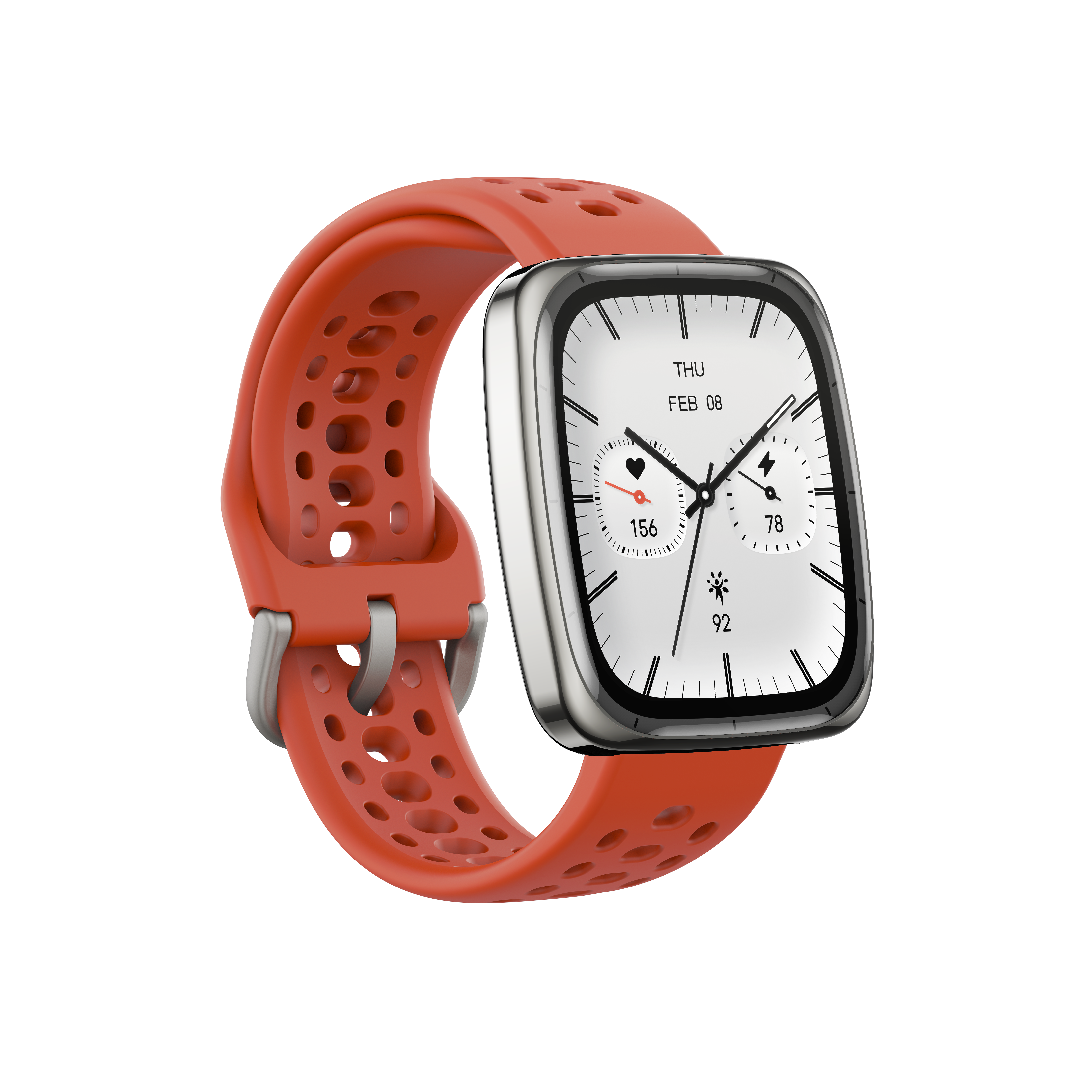 Pomarańczowy smartwatch z srebrną kopertą na czarnym tle.