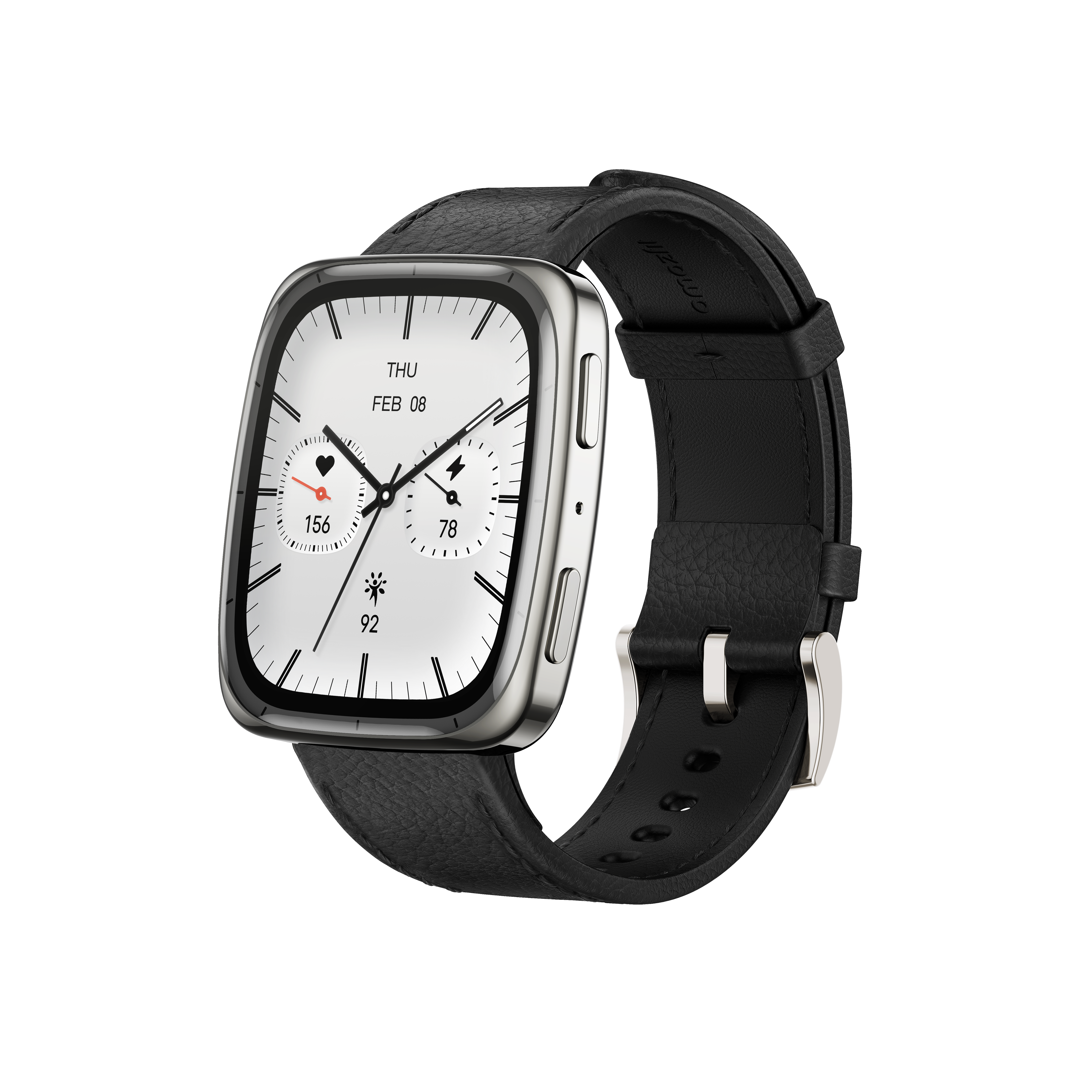 Nowoczesny smartwatch ze srebrną kopertą, czarnym skórzanym paskiem i cyfrową tarczą.
