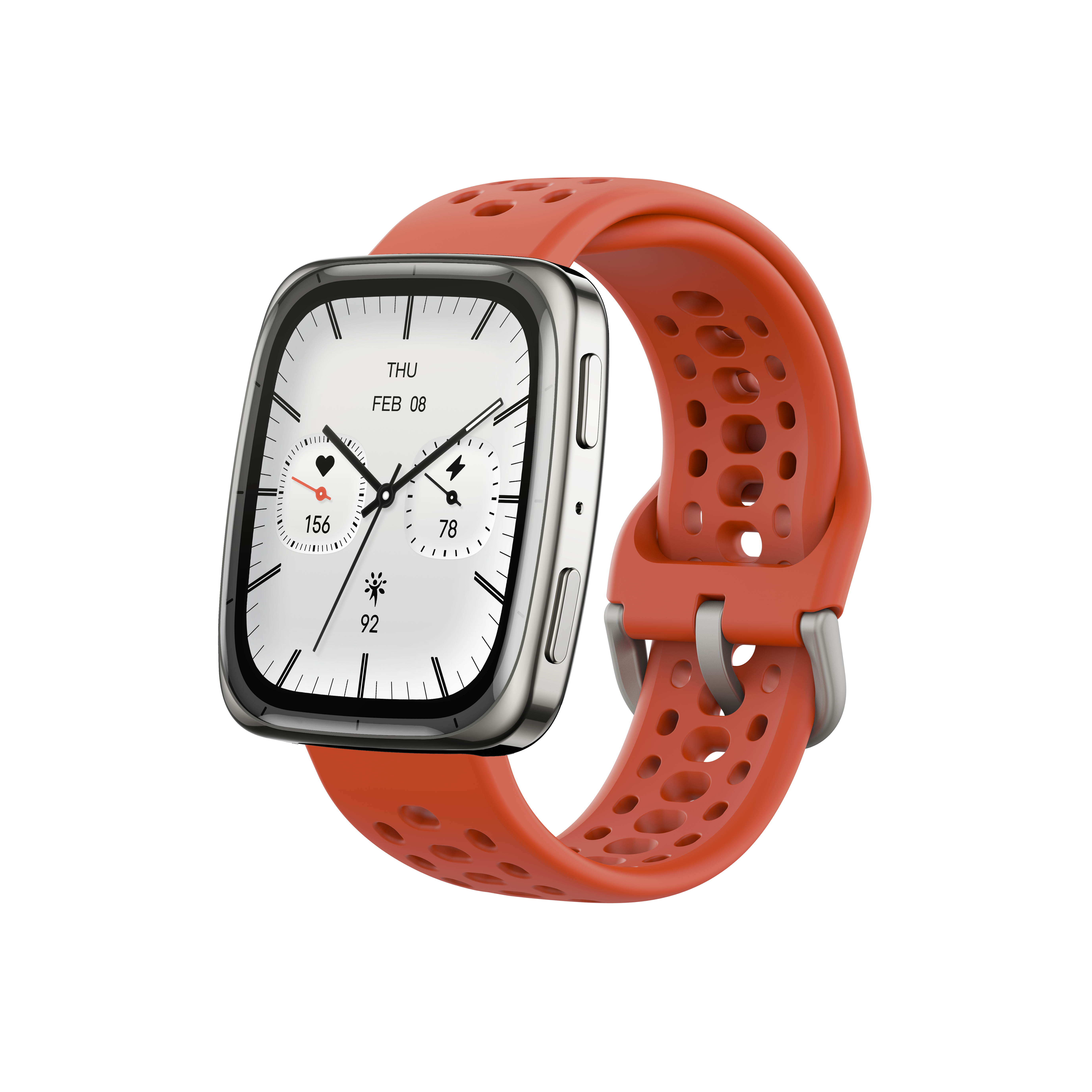 Smartwatch z pomarańczowym paskiem i srebrną obudową na czarnym tle.