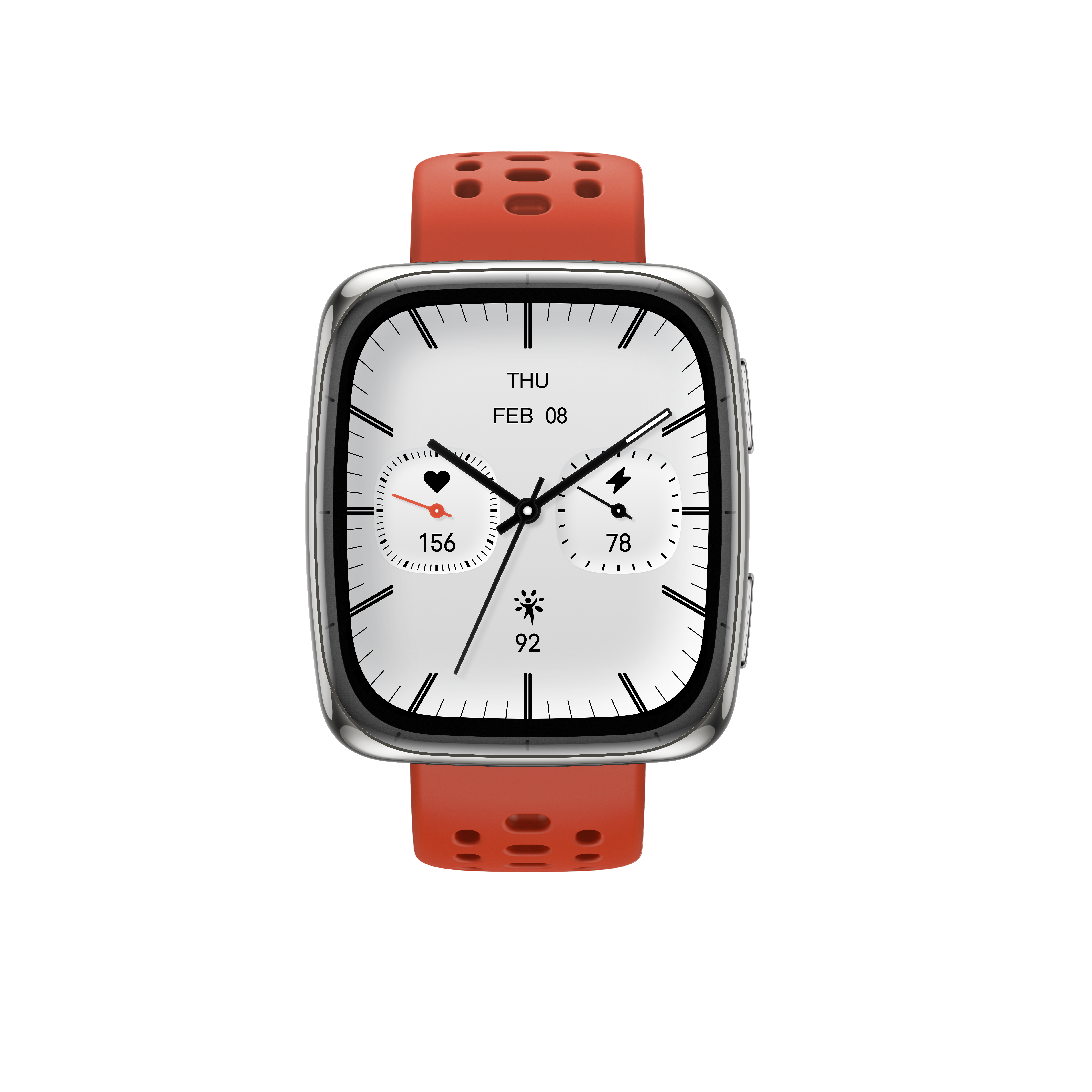 Zegarek smartwatch z czerwonym paskiem i białym cyferblatem pokazującym datę i tętno.