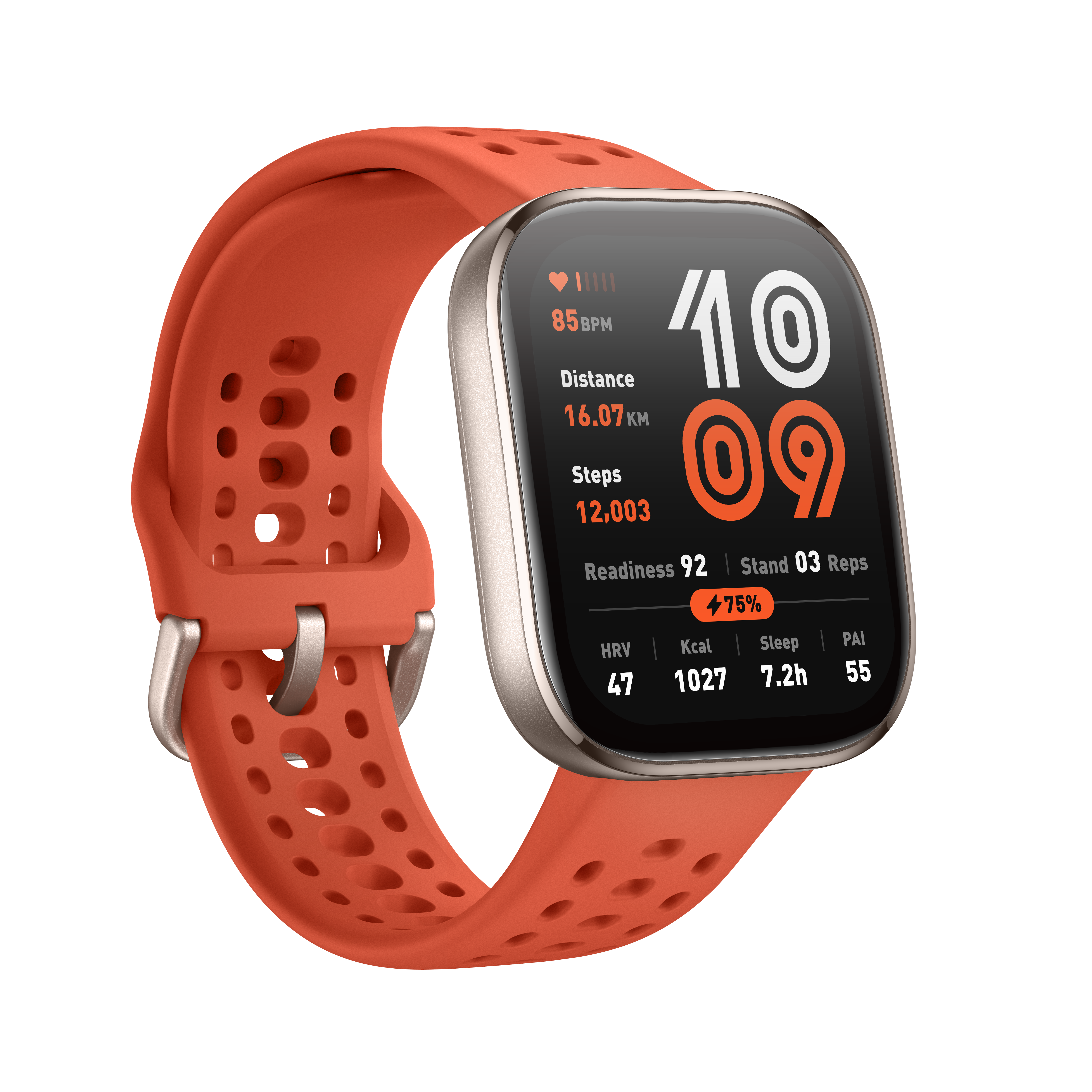 Pomarańczowy smartwatch z danymi fitness: 16,07 km, 12 003 kroki, 85 BPM.