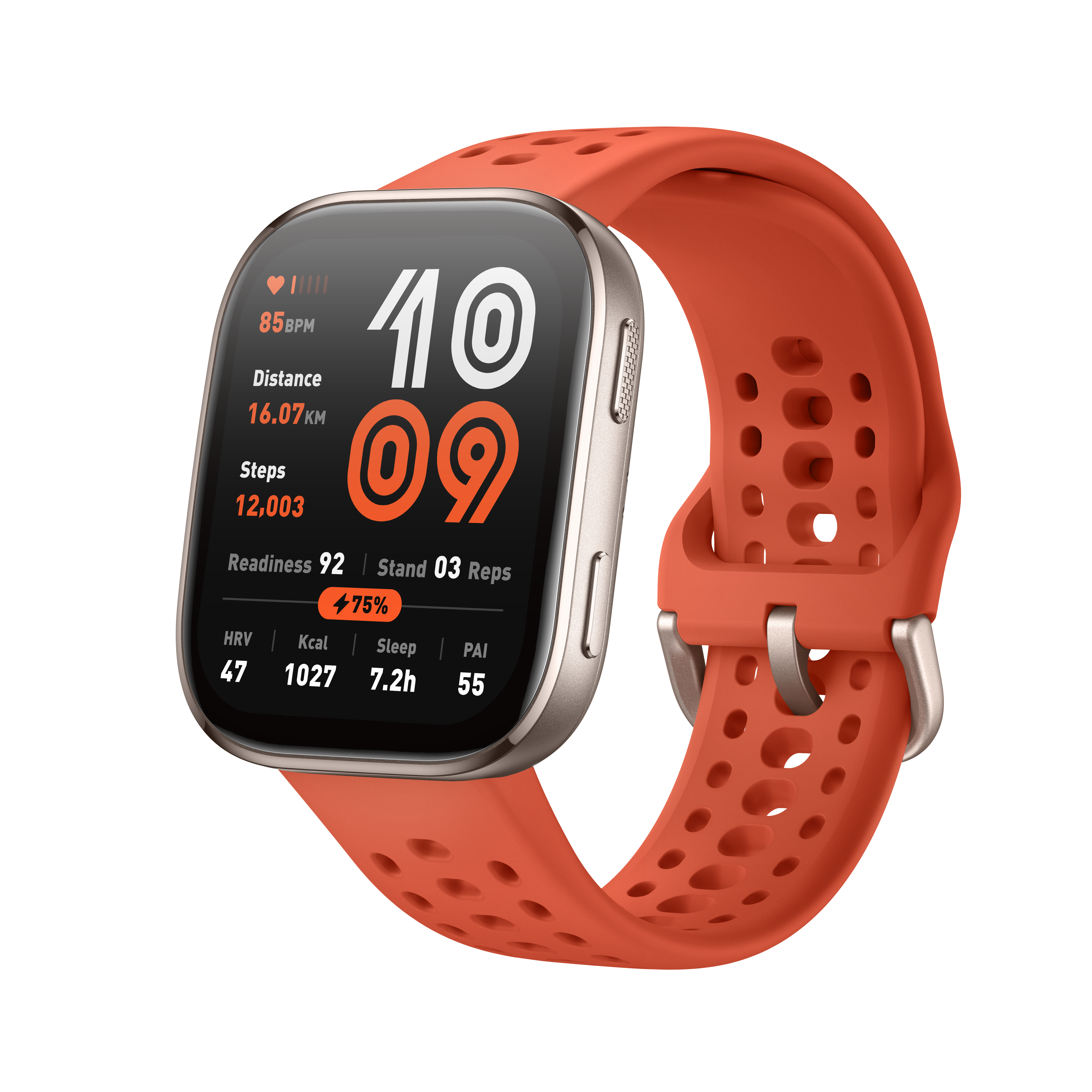 Pomarańczowy smartwatch z jasnoszarym etui wyświetla dane dotyczące kondycji.