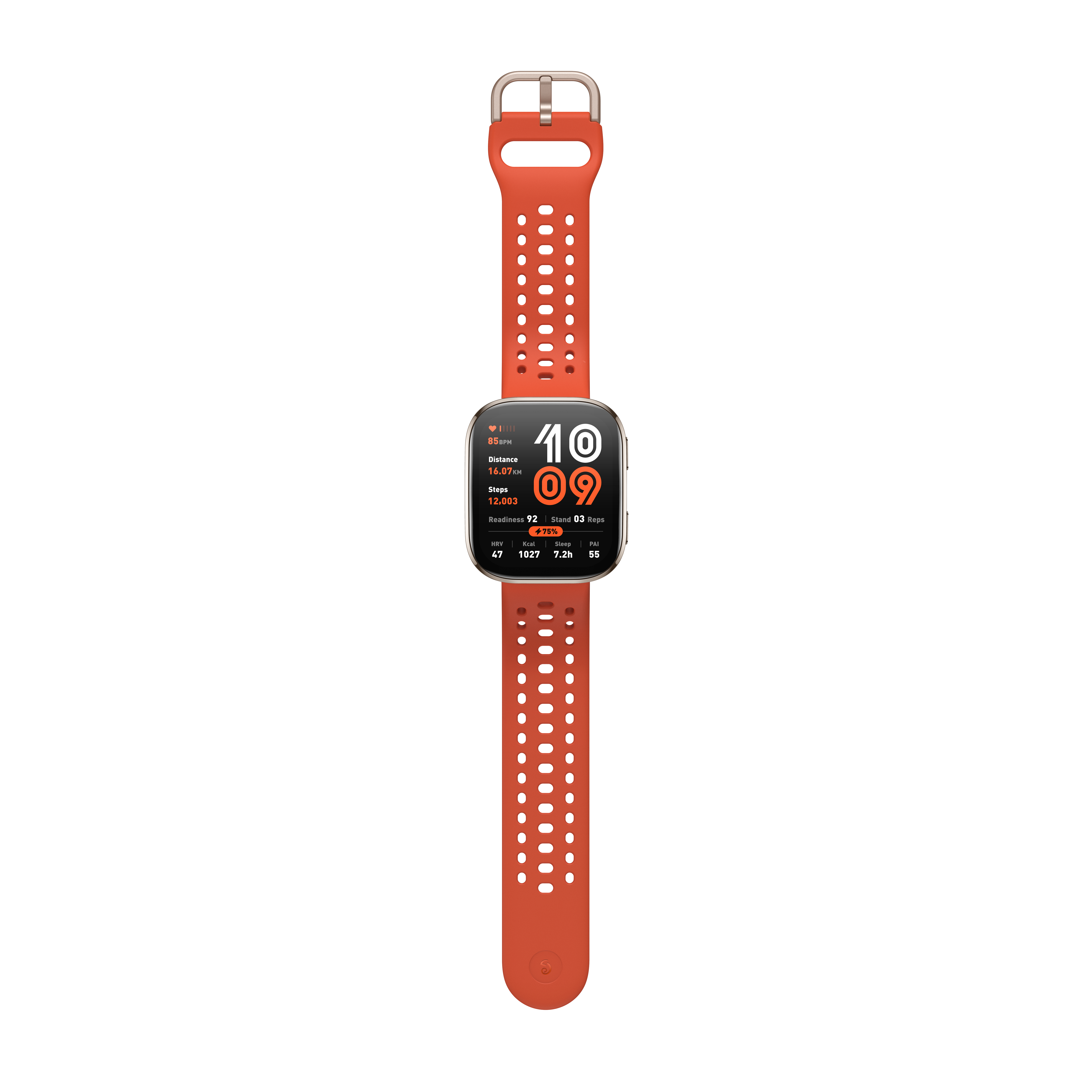 Pomarańczowy smartwatch ze srebrną klamrą i perforowaną bransoletą.