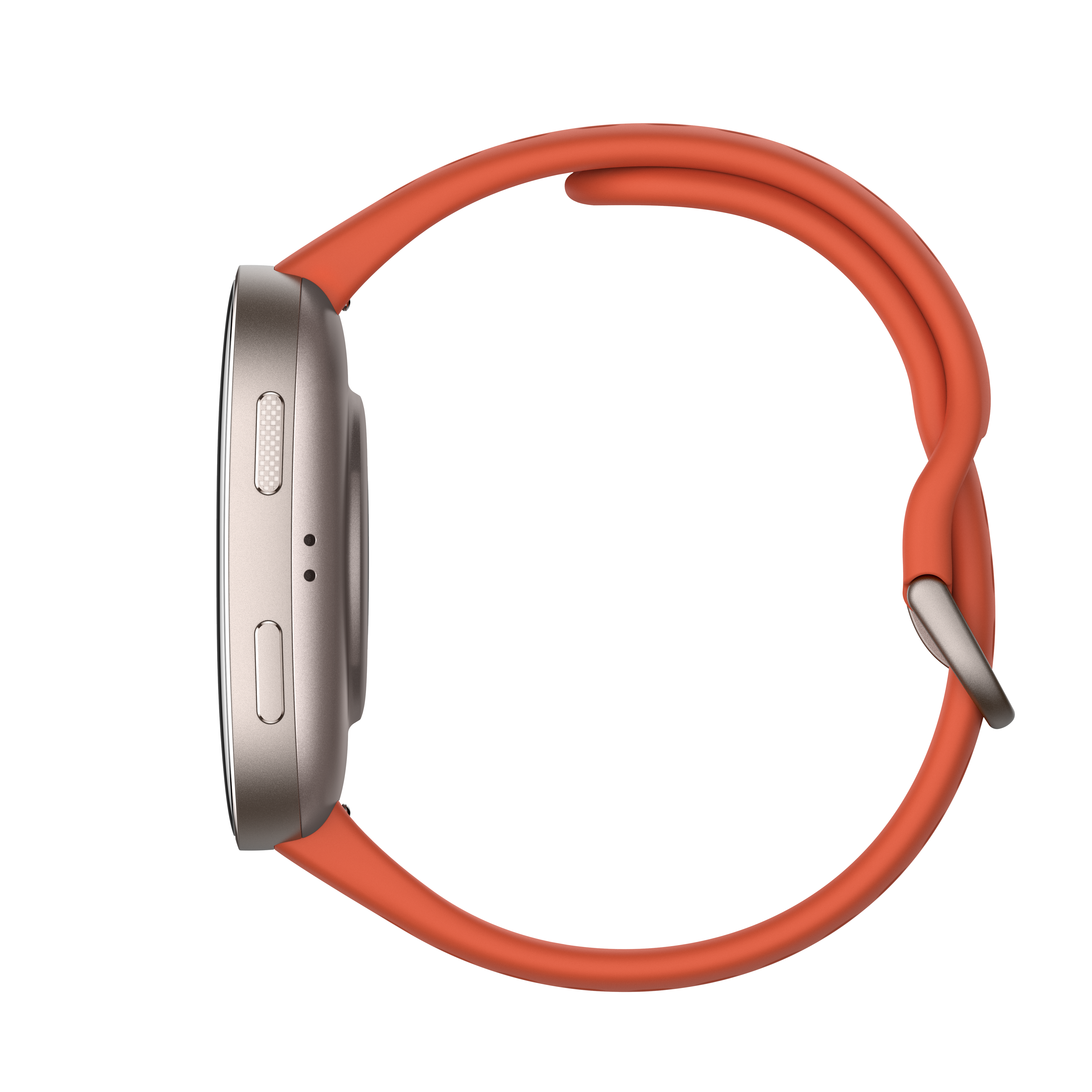 Srebrny smartwatch z jasnopomarańczową bransoletą, widziany z boku.