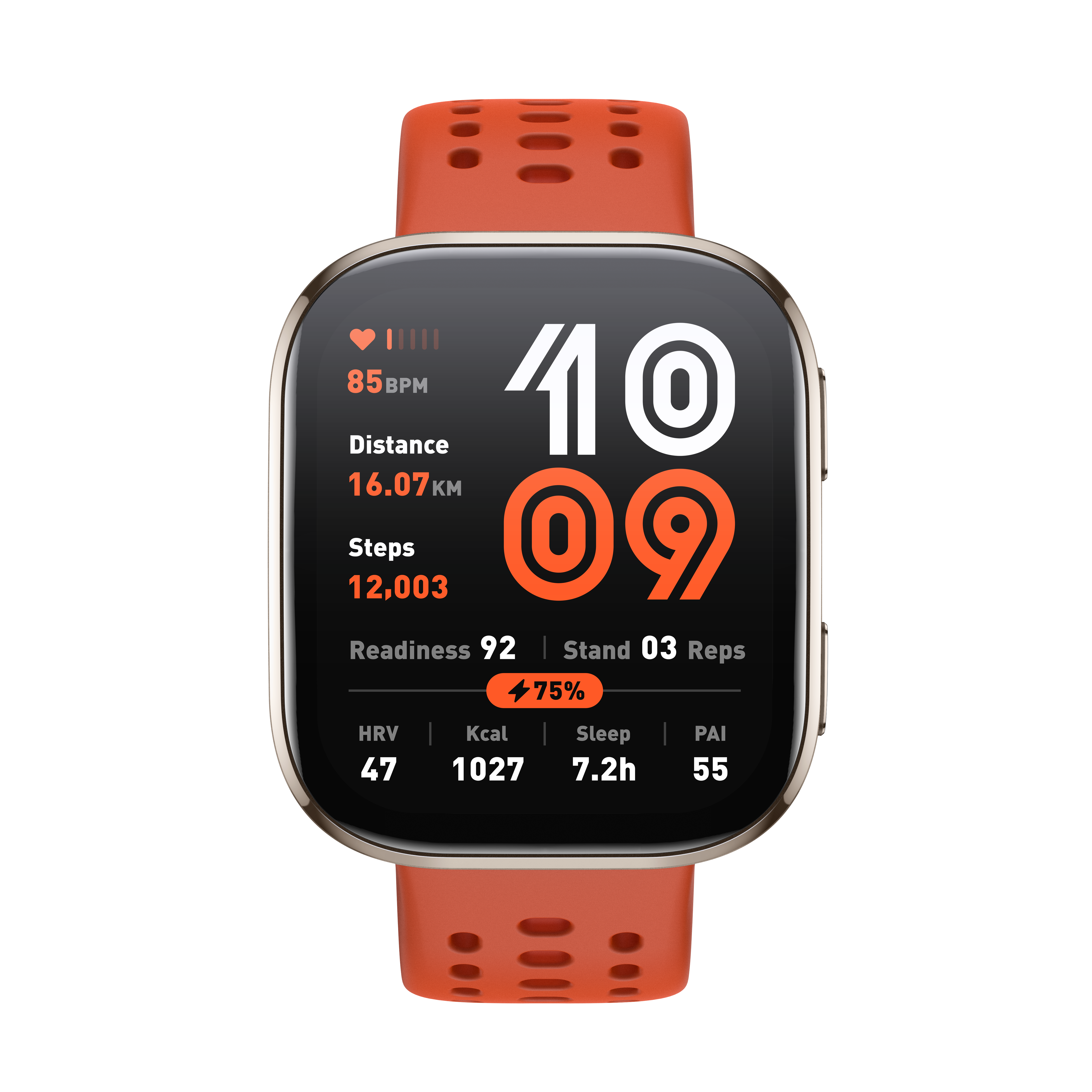 Pomarańczowy smartwatch z ciemną tarczą wyświetla godzinę, tętno, dystans, kroki i inne dane.