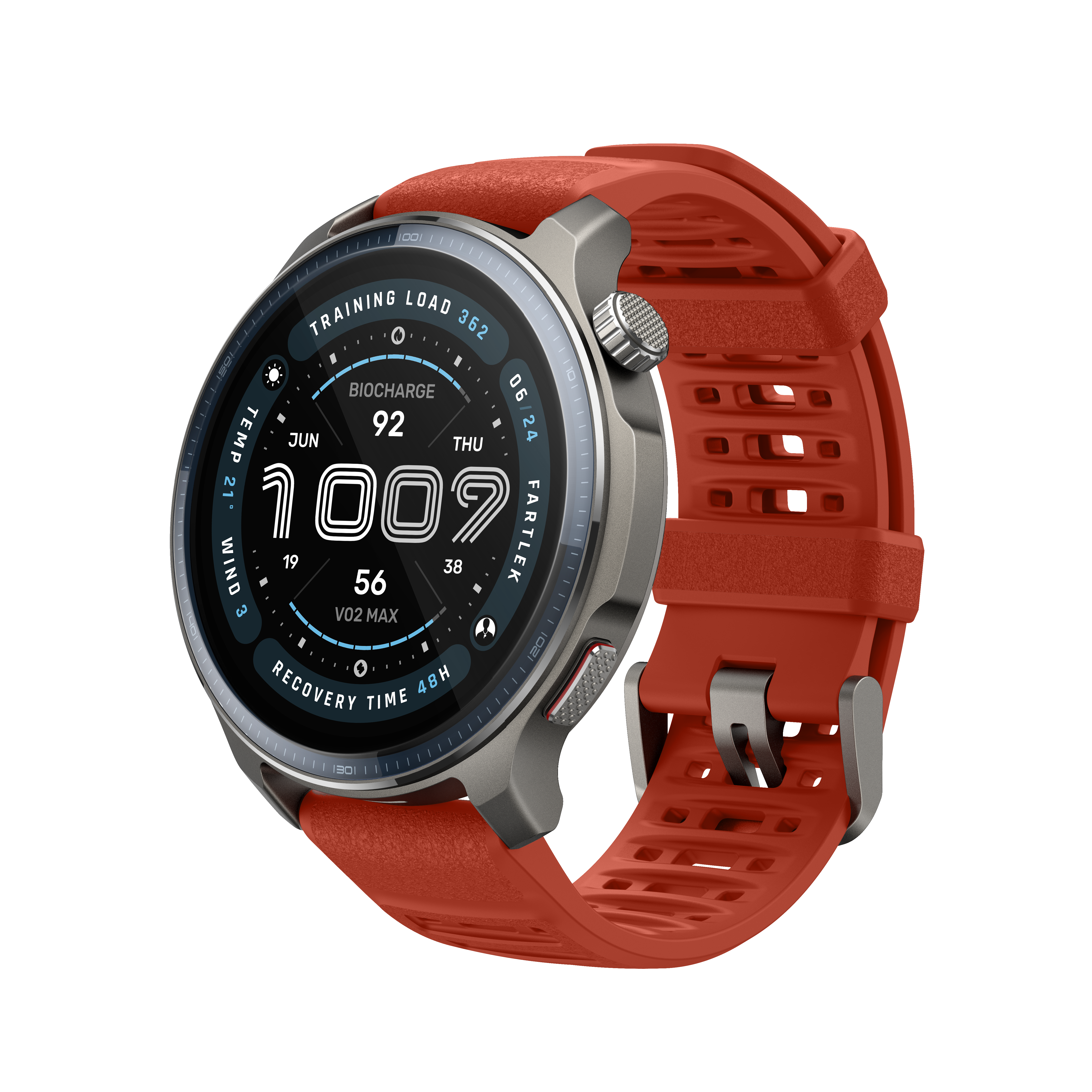 Czerwony smartwatch z szarymi akcentami wyświetlający dane treningowe.