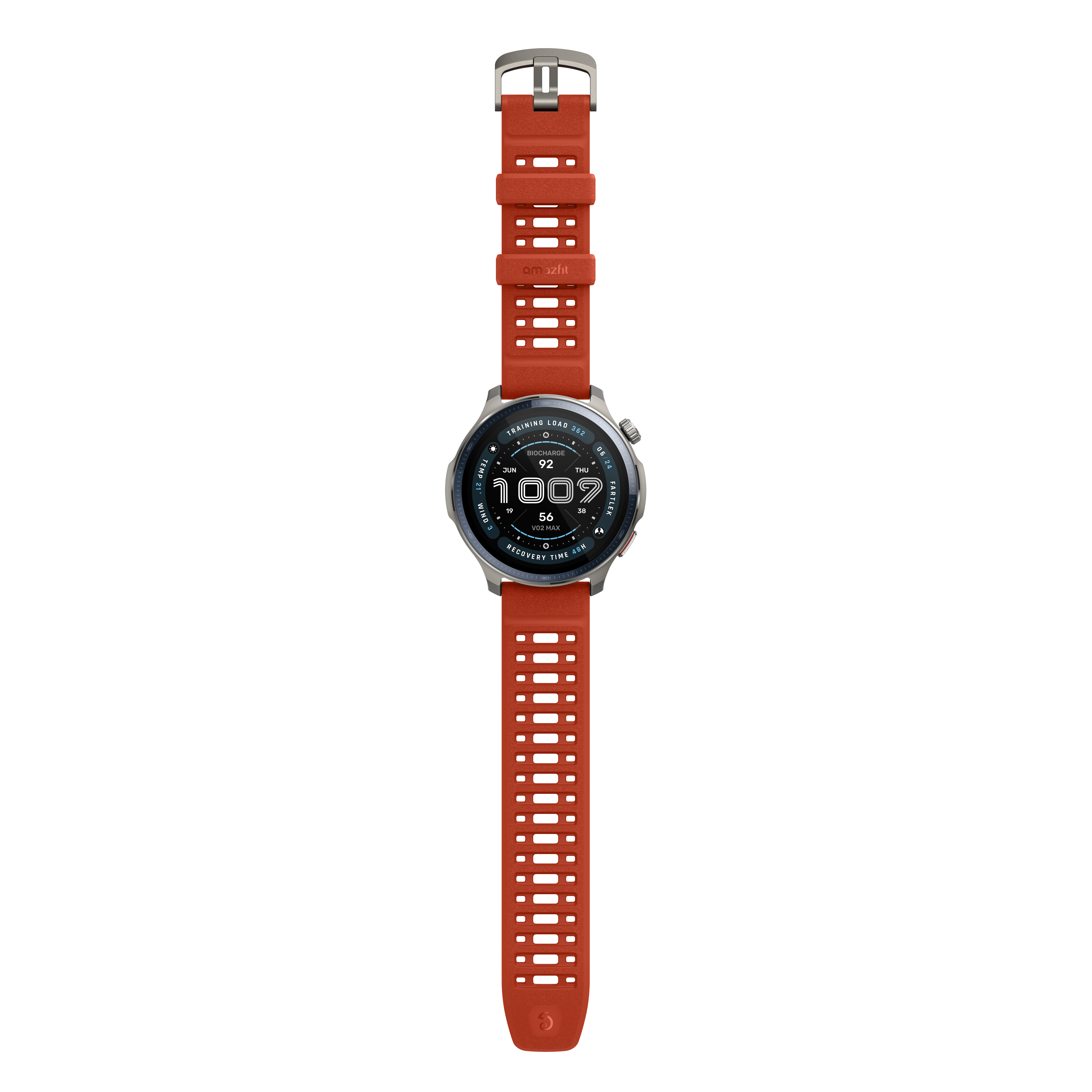 Pomarańczowy smartwatch z srebrną ramką i ekranem z danymi, na czarnym tle.