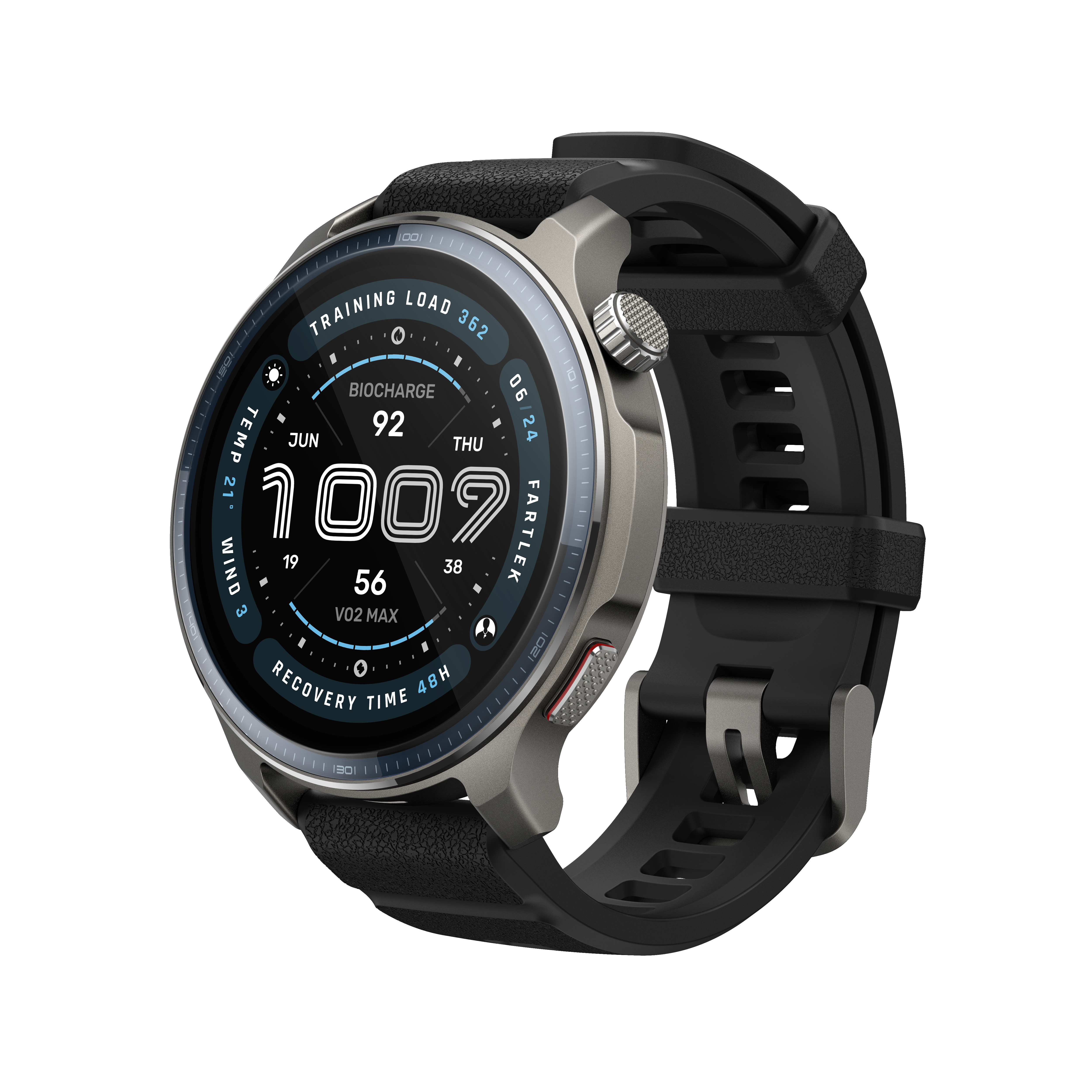 Srebrny smartwatch z czarnym paskiem wyświetla obciążenie treningowe, datę, godzinę i VO2 max.
