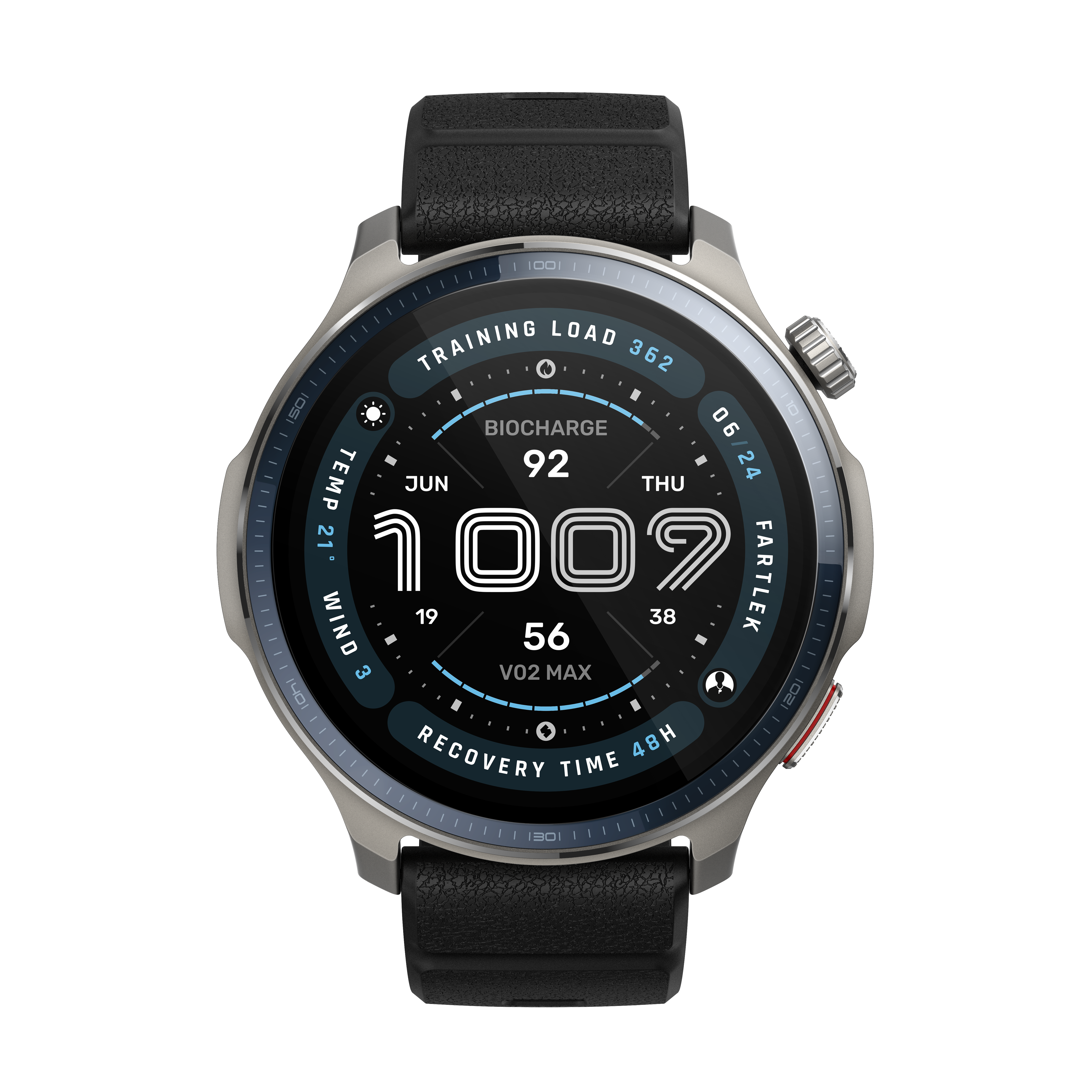 Smartwatch z czarnym paskiem wyświetla dane treningowe: Biocharge 92, VO2 Max 56, Czas regeneracji 48h.