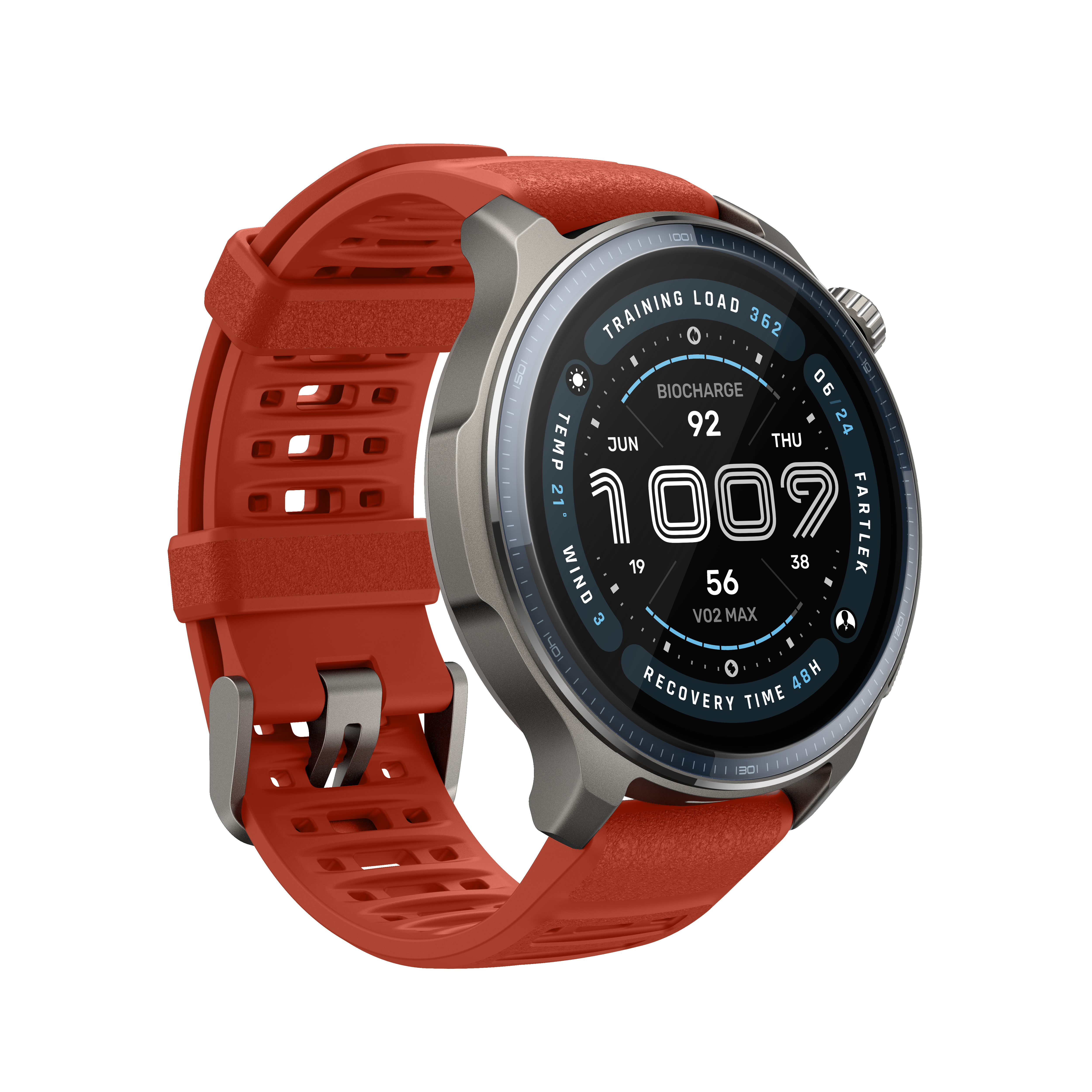 Srebrny smartwatch z pomarańczowym paskiem na czarnym tle.