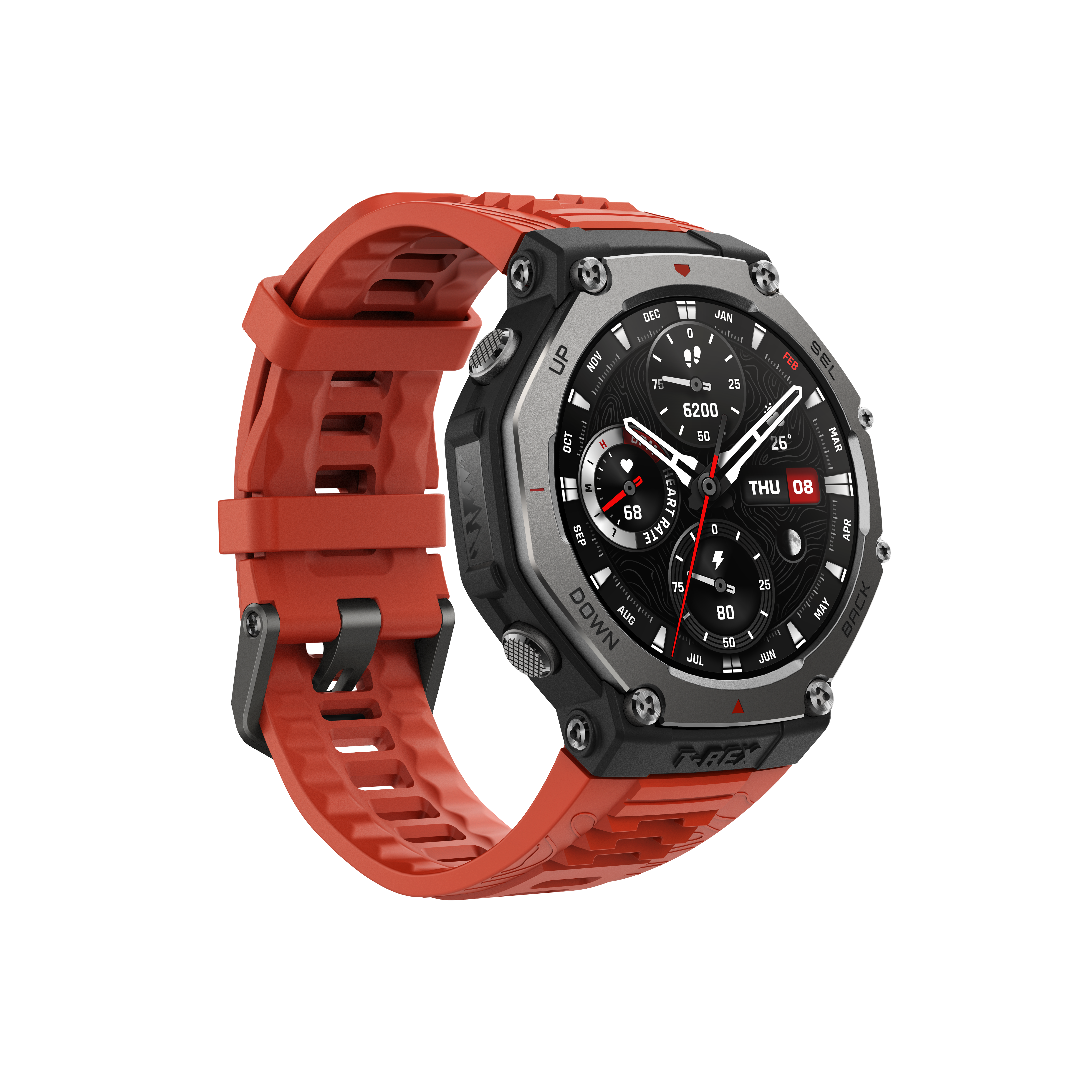 Pomarańczowy smartwatch z czarną tarczą i srebrnymi akcentami.