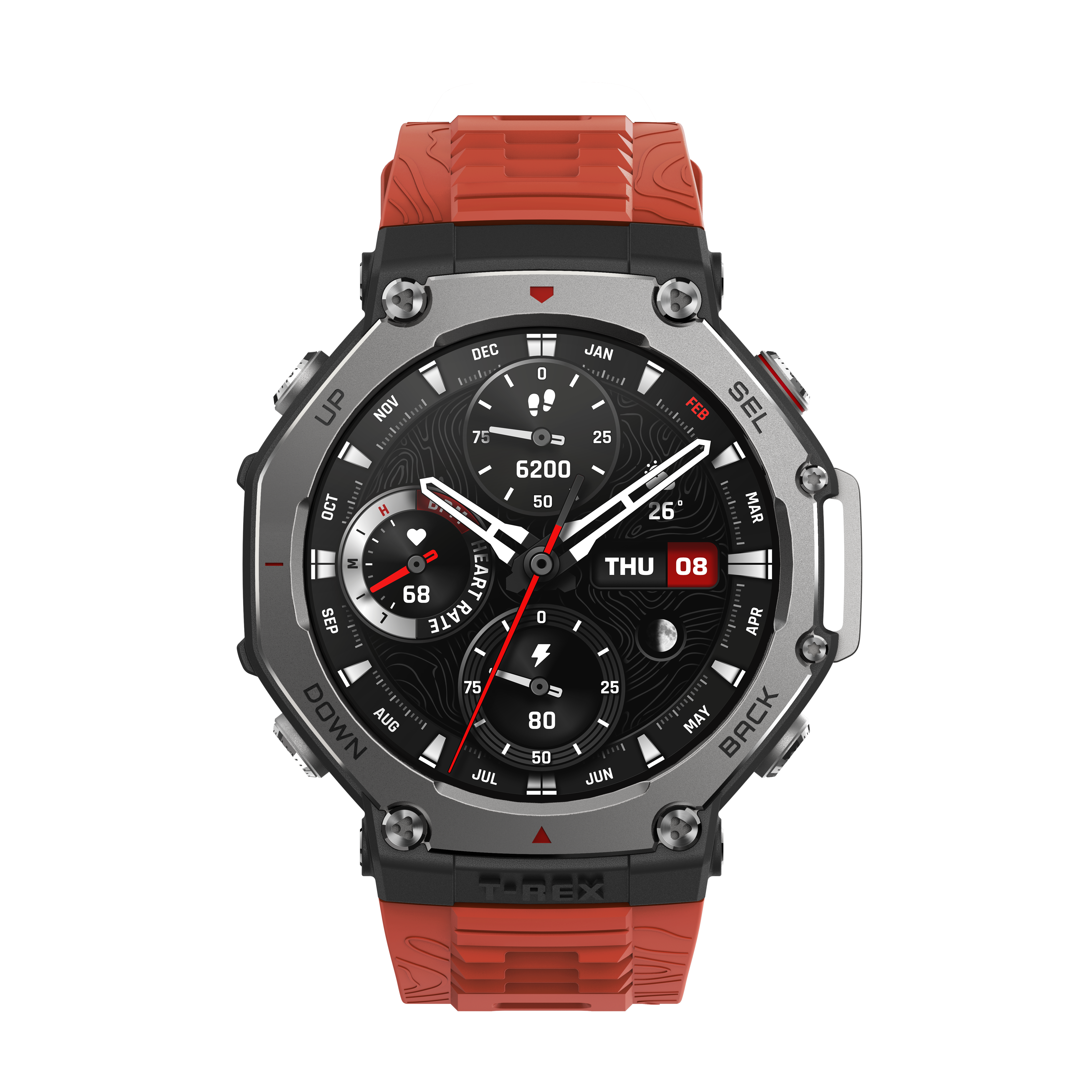 Wytrzymały smartwatch z czerwonym paskiem i srebrną ramką. Pokazuje tętno, kroki i datę.