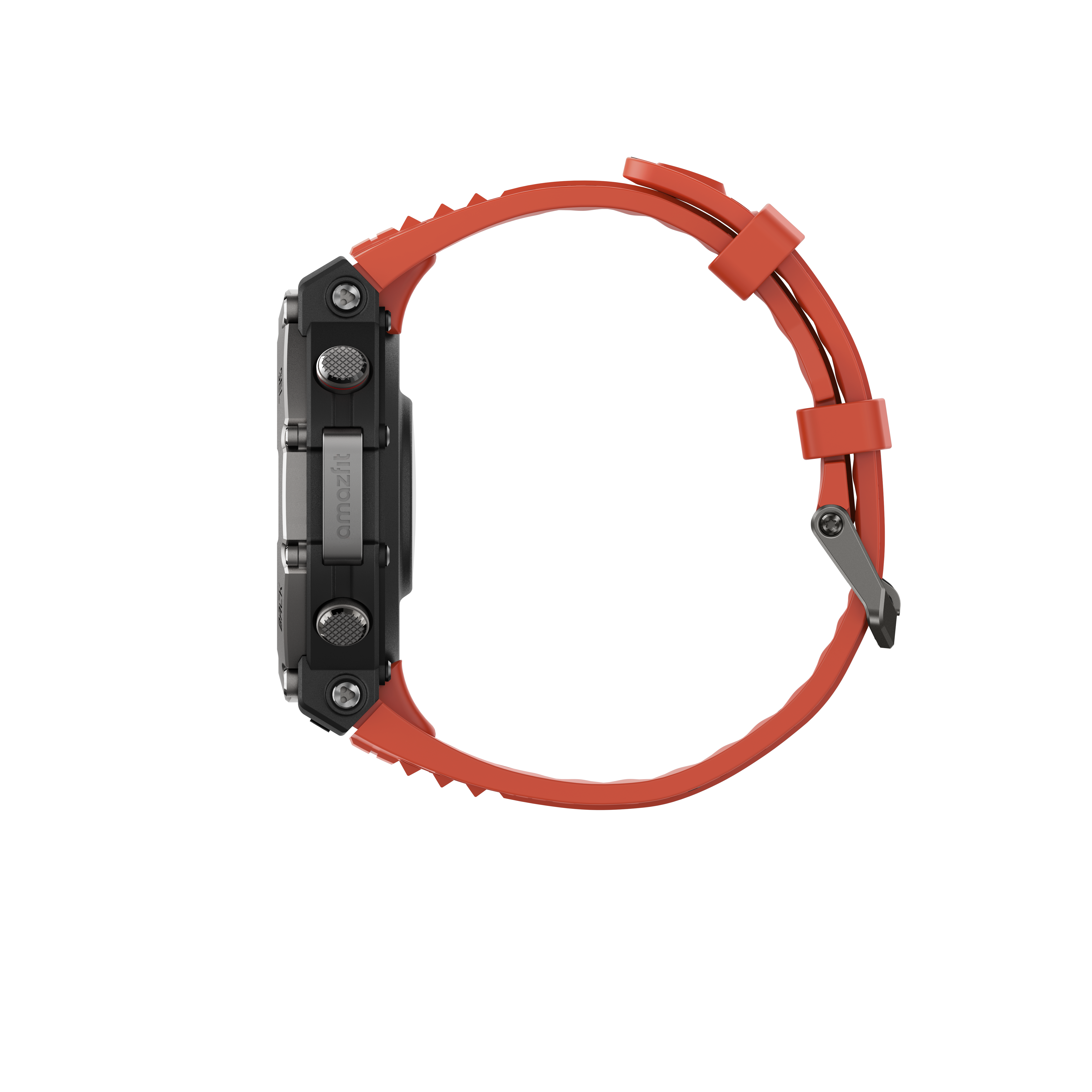Czarny smartwatch z pomarańczowym paskiem i bocznymi przyciskami.