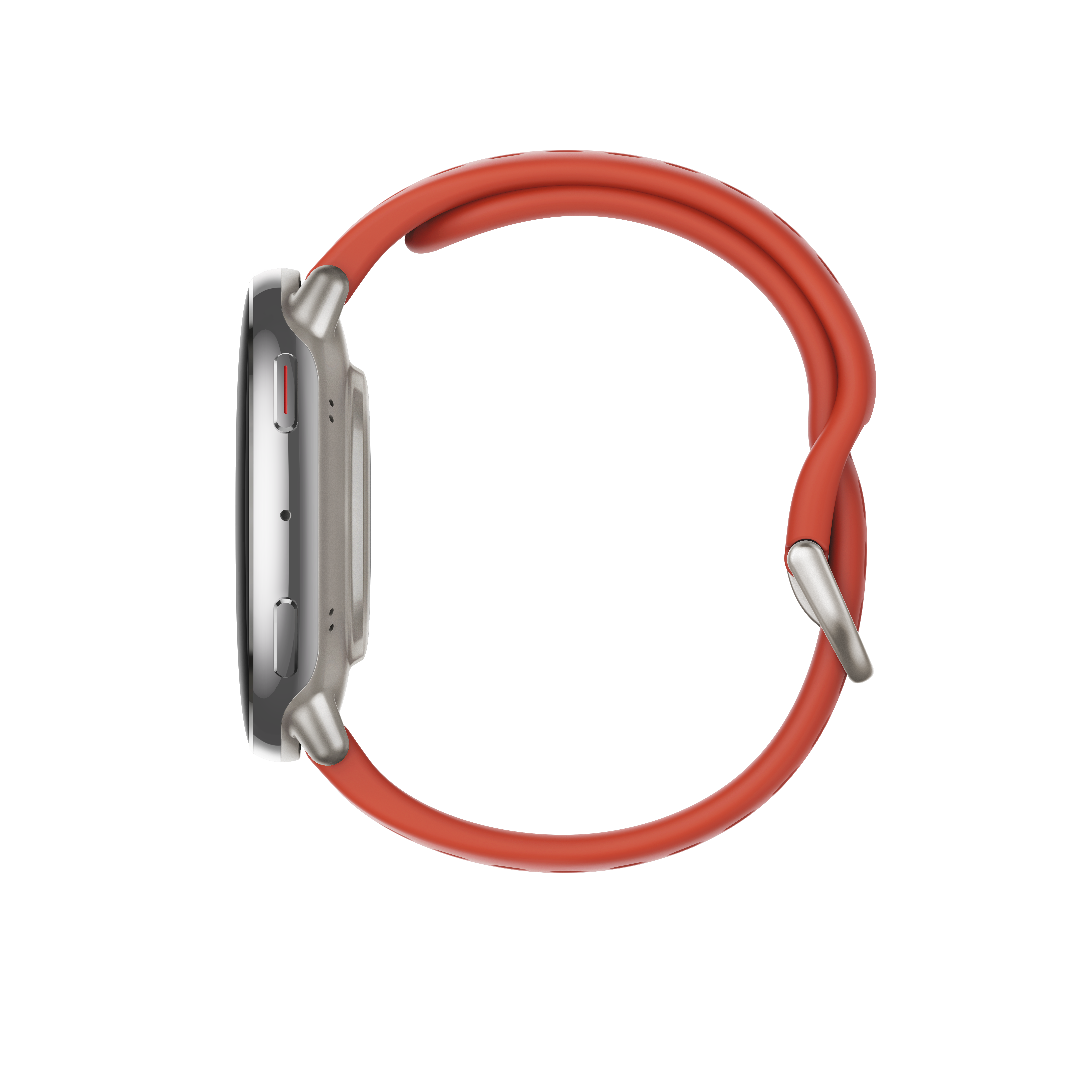 Srebrna koperta smartwatch z czerwonym paskiem na czarnym tle.