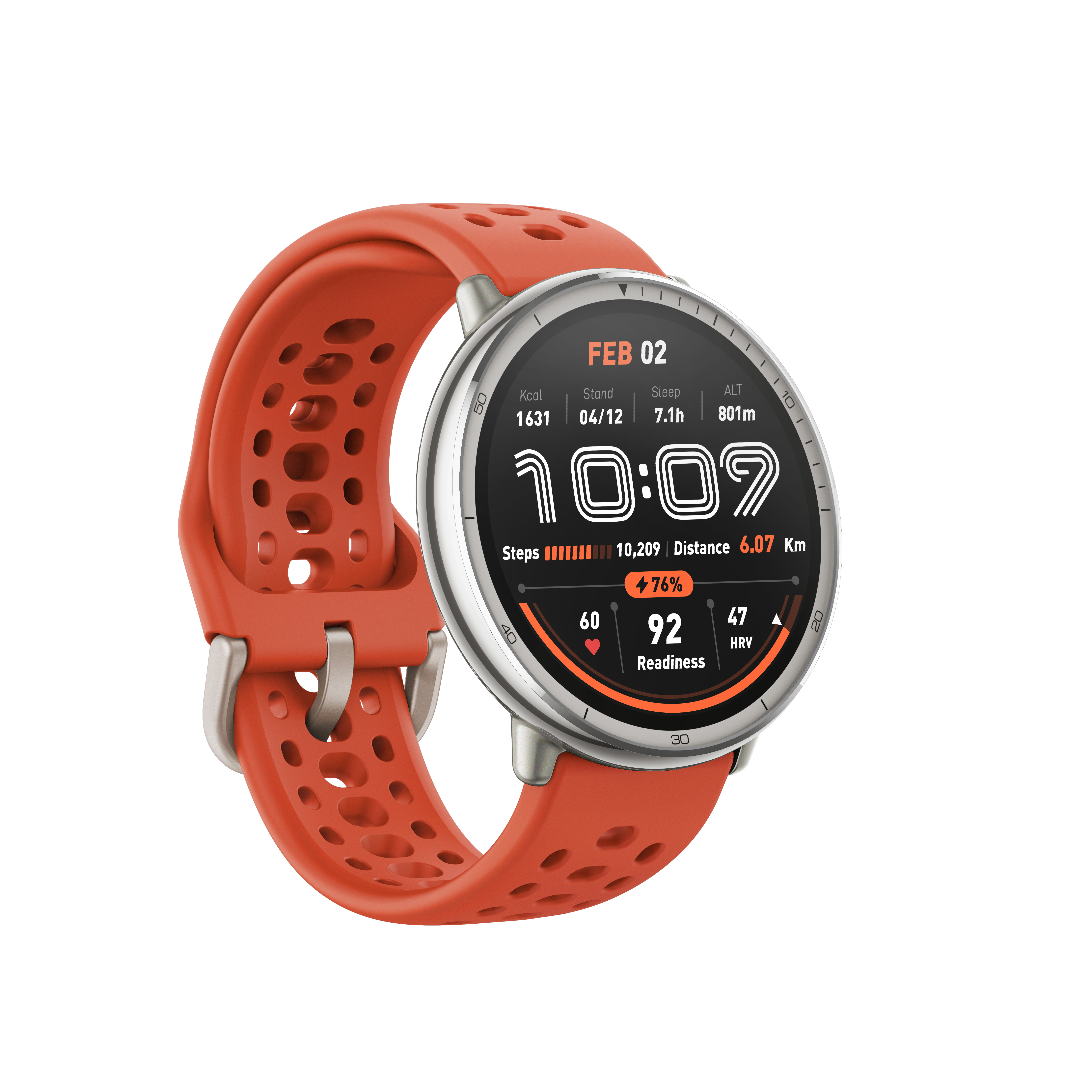 Pomarańczowy smartwatch z cyfrowym wyświetlaczem pokazującym datę, godzinę, kroki, dystans i tętno.