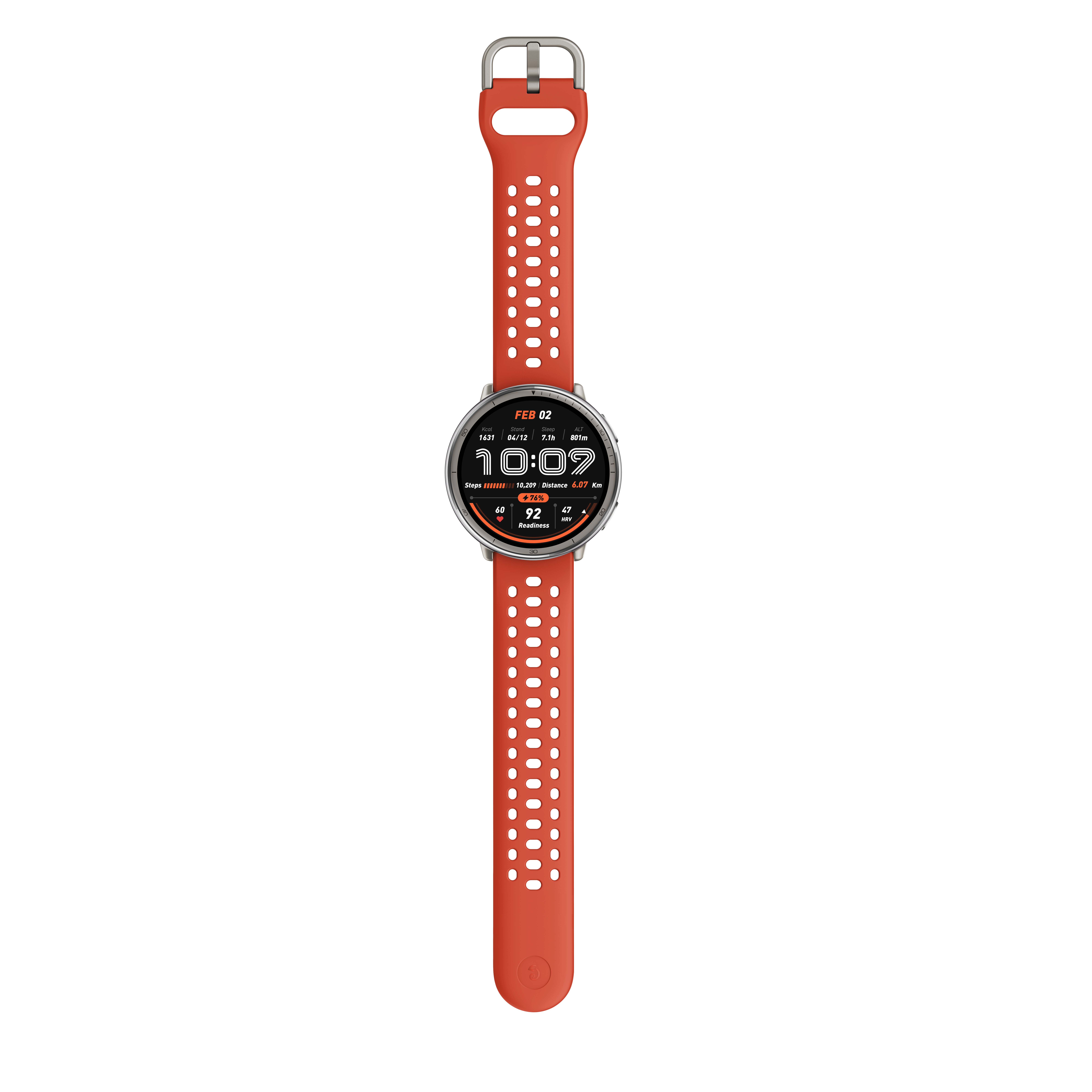 Pomarańczowy smartwatch z srebrną kopertą i perforowaną bransoletą.