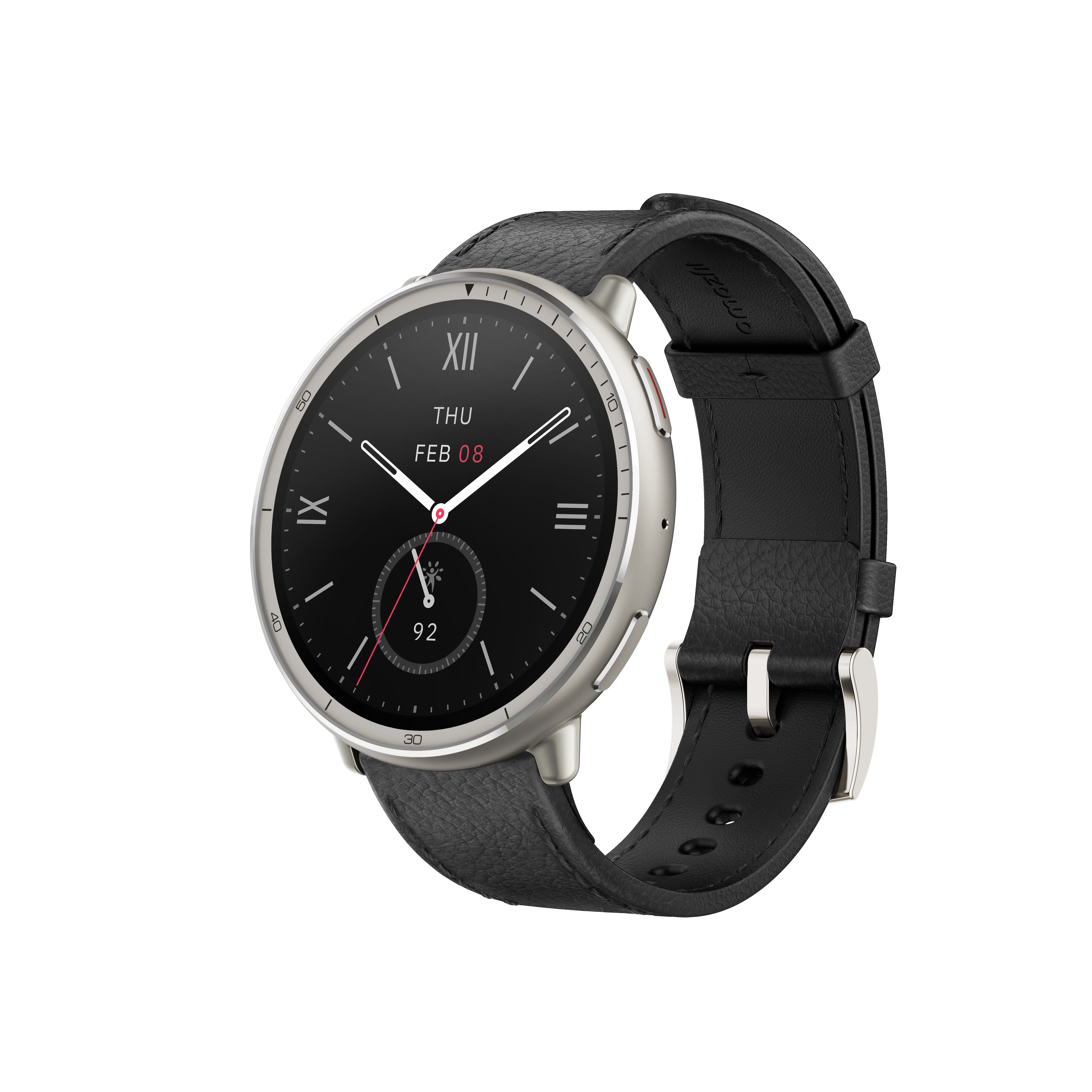 Srebrny smartwatch z czarnym skórzanym paskiem, czarną tarczą pokazującą datę 8 lut.