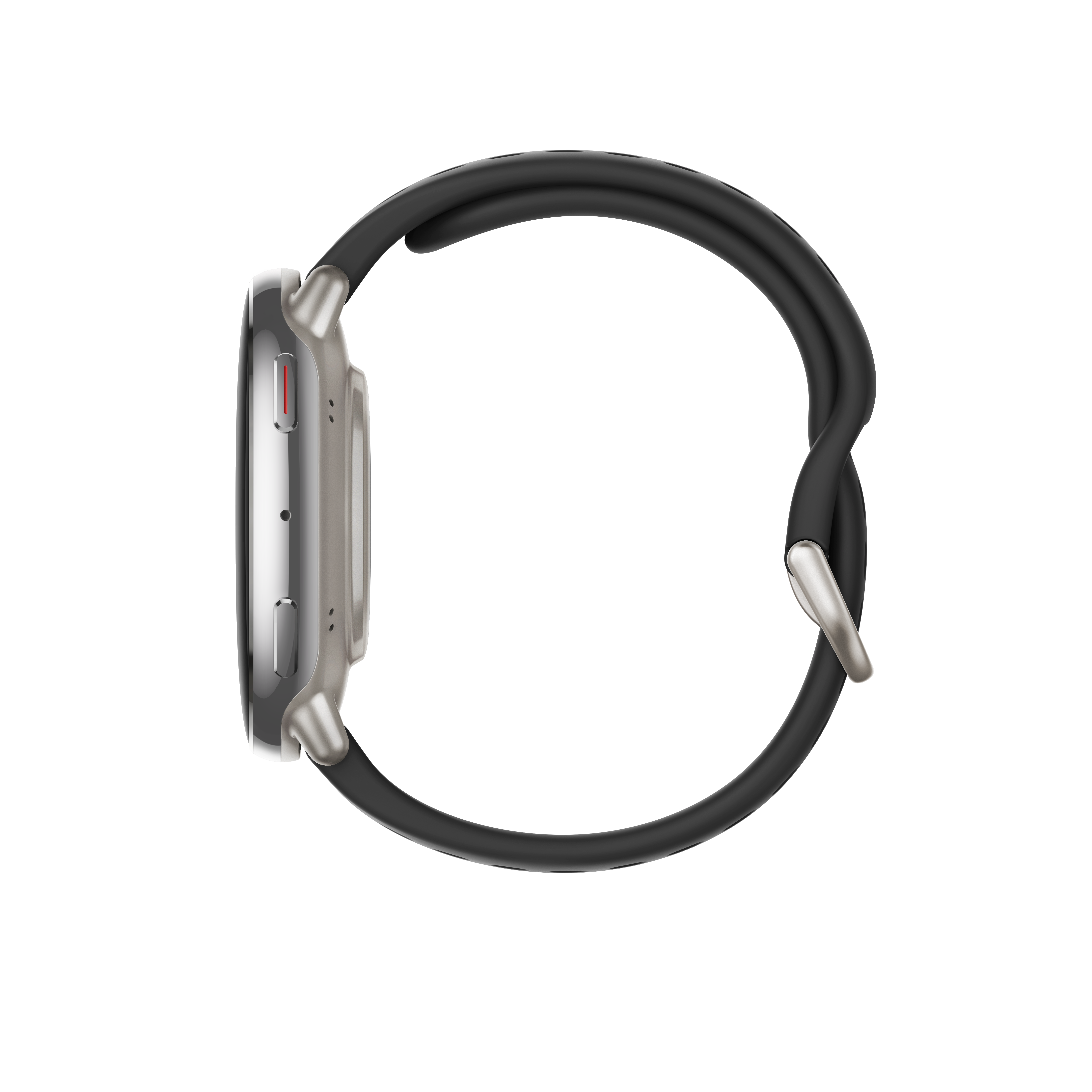 Srebrny smartwatch z czarnym paskiem, widok z boku.