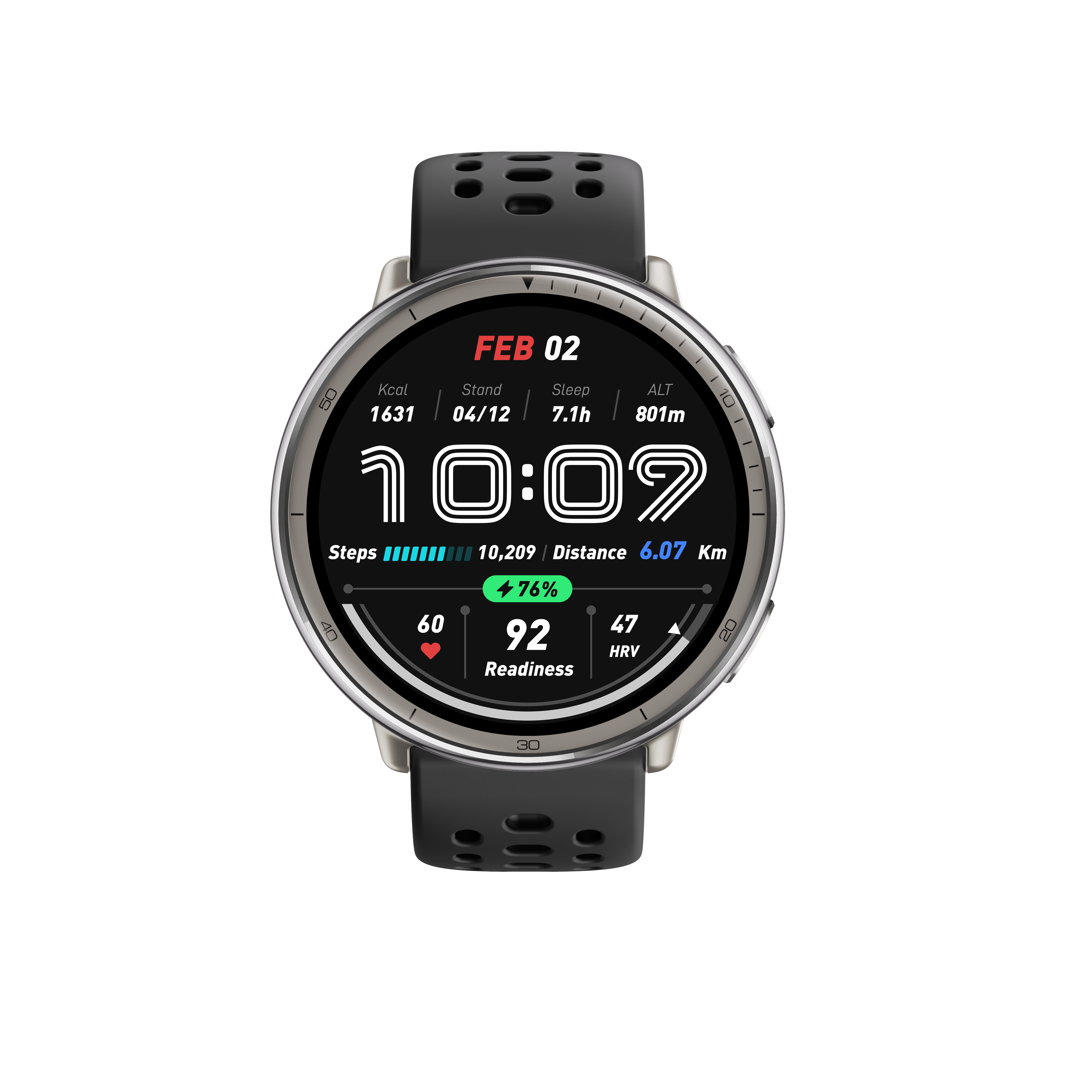 Smartwatch pokazuje 2 lut, 10:09, 1631 kcal, 10 209 kroków, 6,07 km.