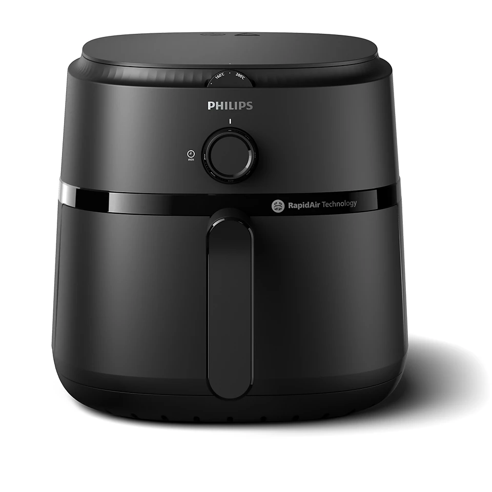 Fekete Philips Airfryer gombokkal és fogantyúval. Rapid Air technológia.