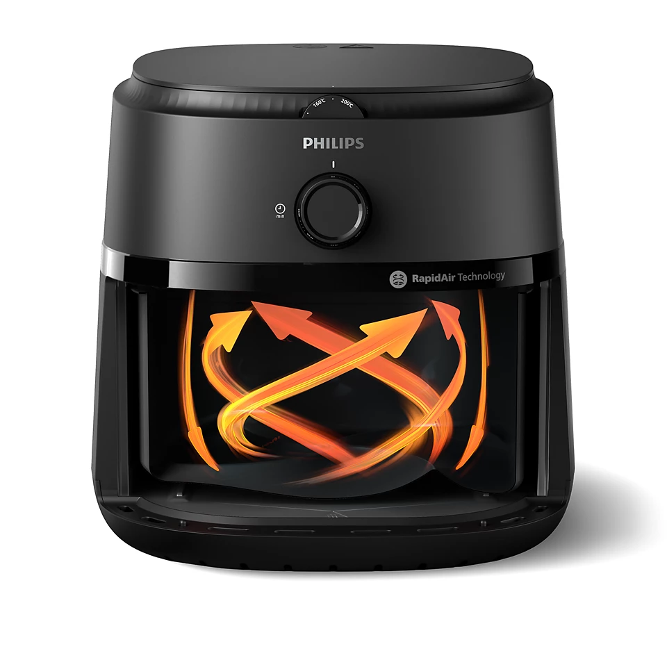 Fekete Philips légkeveréses fritőz látható narancssárga légáramlási grafikával belül.