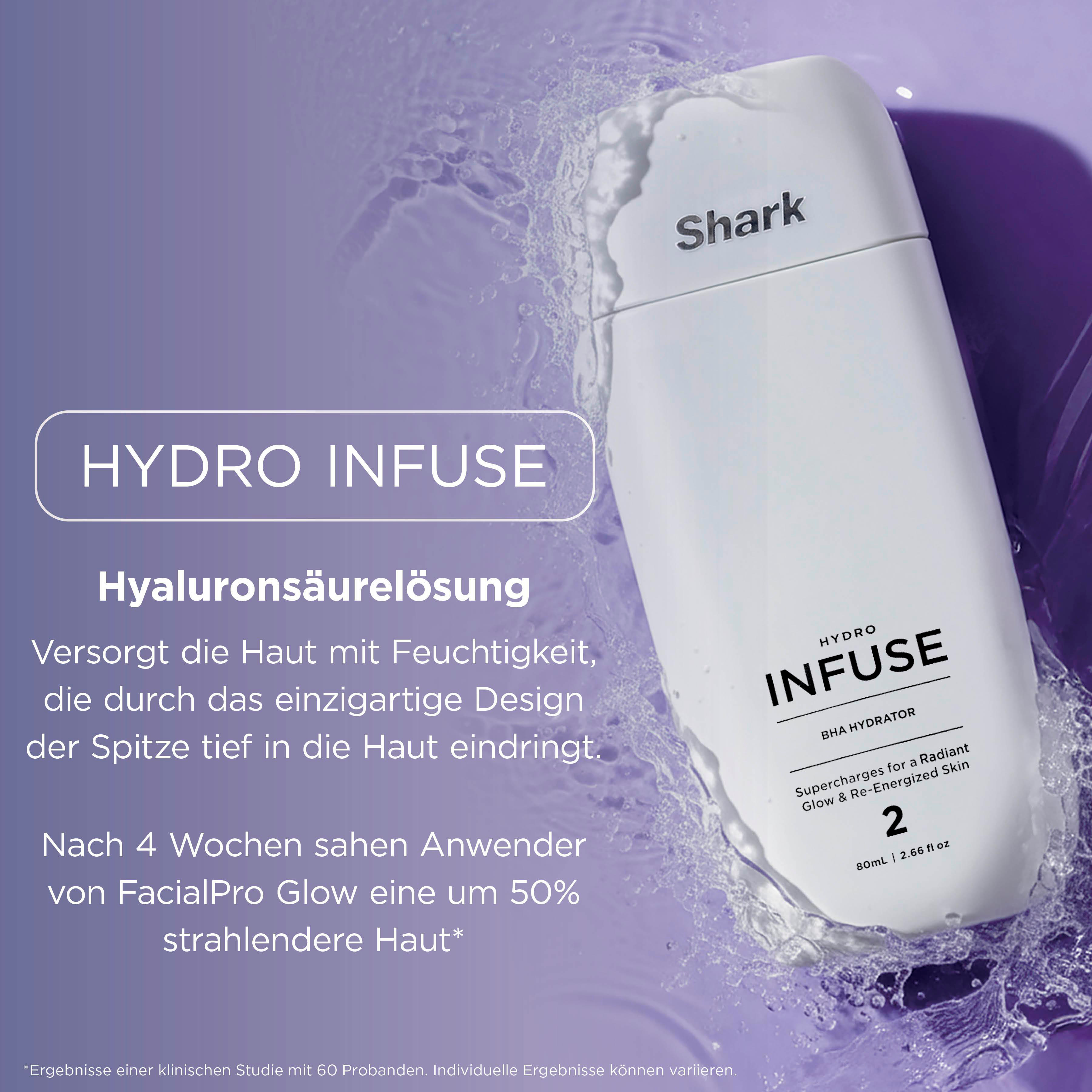 Weiße Flasche Hydro Infuse BHA Hydrator mit Wasser-Splash und Text