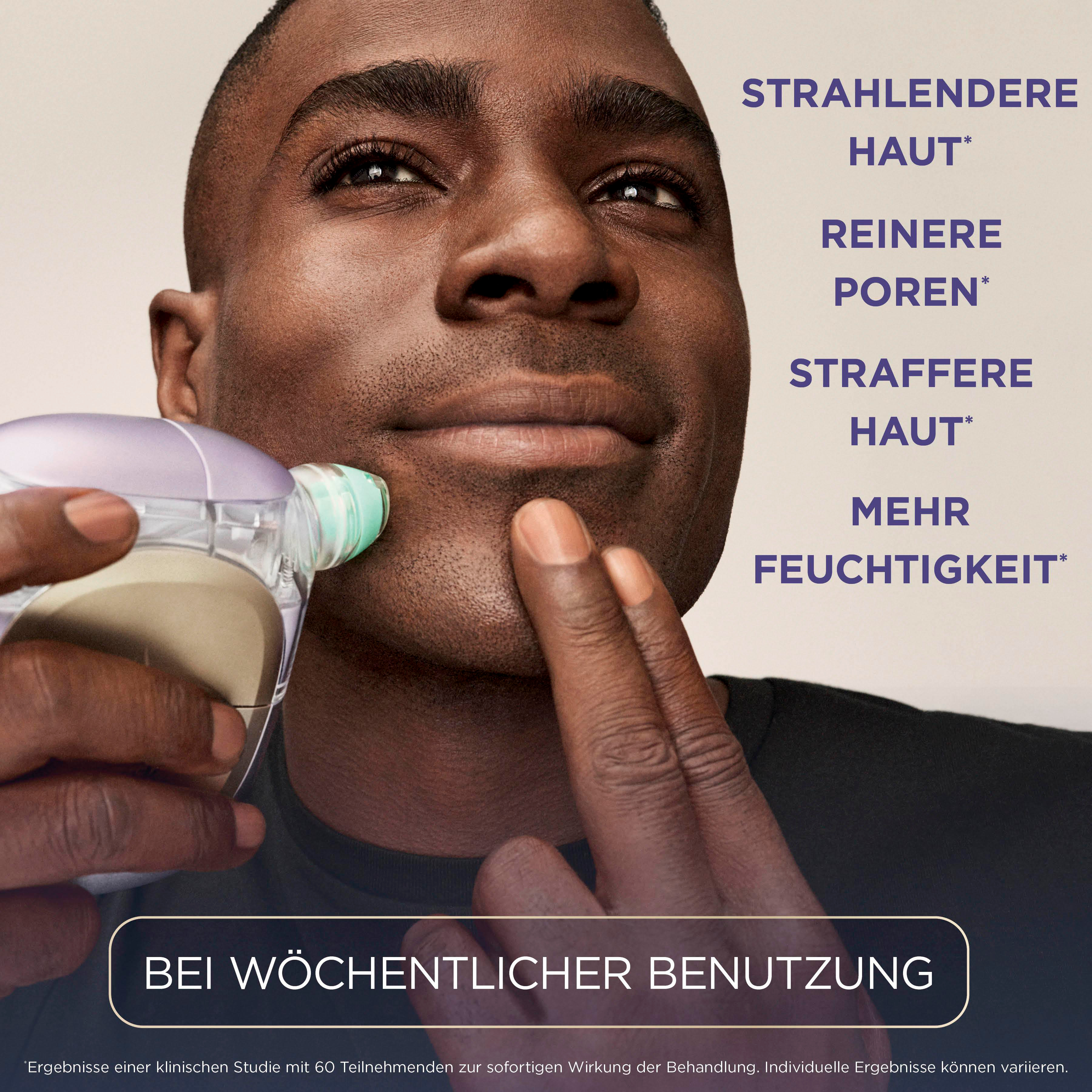Mann mit Hautpflegegerät im Gesicht. Text über Hautverbesserung.